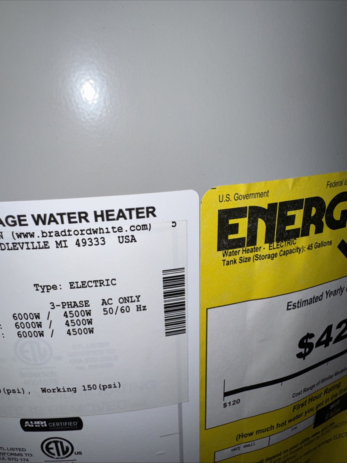 Bradford White 3 Phase Water Heater 50 Gallon 6000 Watt RE350S6-3NCZZ