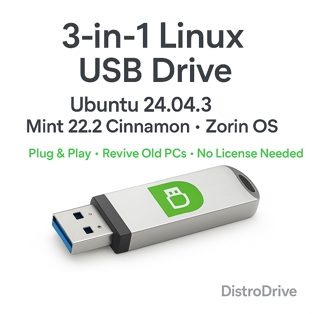 3-in-1 Linux Bootable USB Ubuntu 24.04.3 Mint 22.2 Cinnamon Zorin Revive Old PC