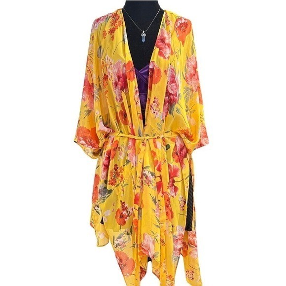 Floral Chiffon Kimono Beach Cover-Up Loose Flowy Vacation XLARGE