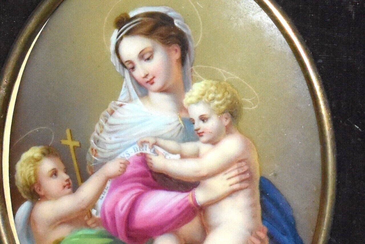 Antique KPM Style Germany Porcelain Plaque Madonna Child & Cherub Framed