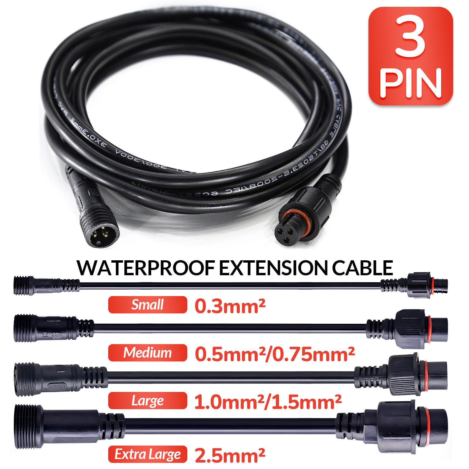 3 Pin Waterproof Extension Cable Connector Male Female Outdoor Led Light IP67