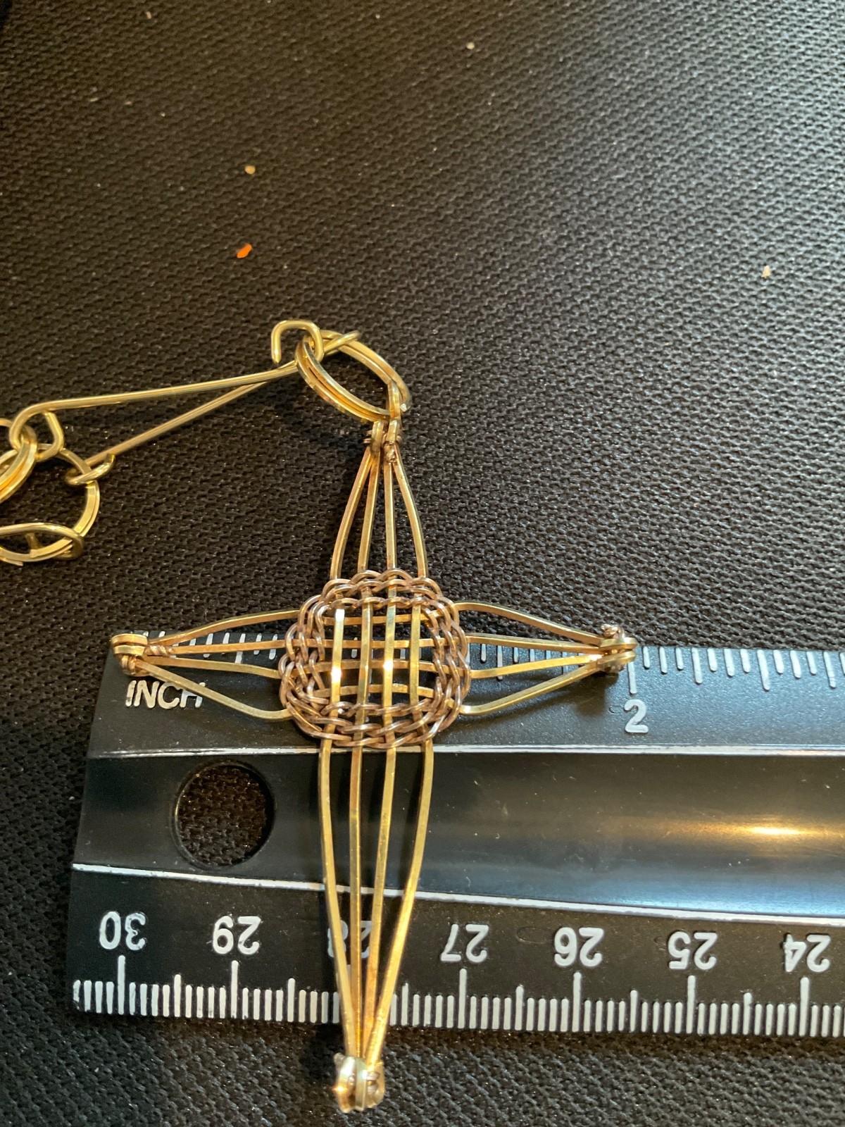 Handcrafted Gold Filled Wire Artisan Lg Cross & Unique Chain Mexico W/Paperwork