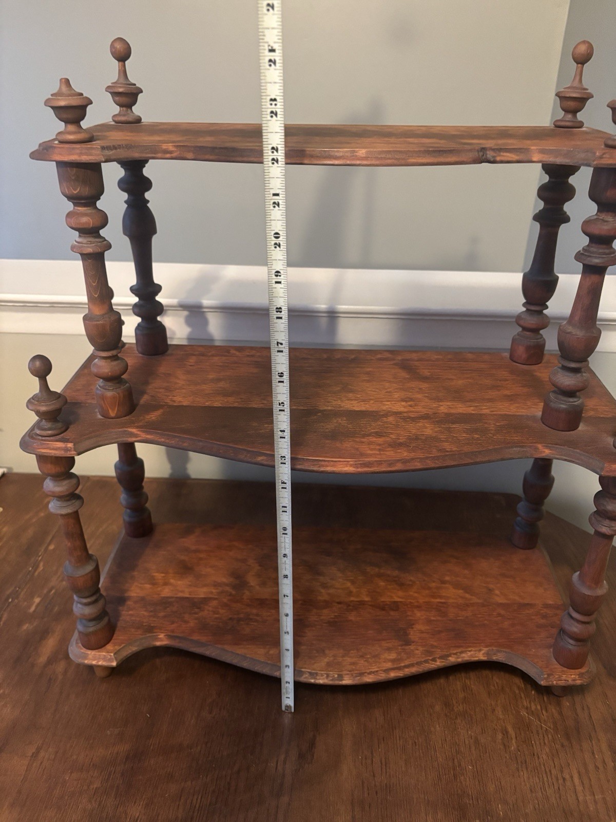 Antique 3 Shelf Wood Whatnot Bookshelf, Victorian 22”L 22”H 9.5”D Spindles