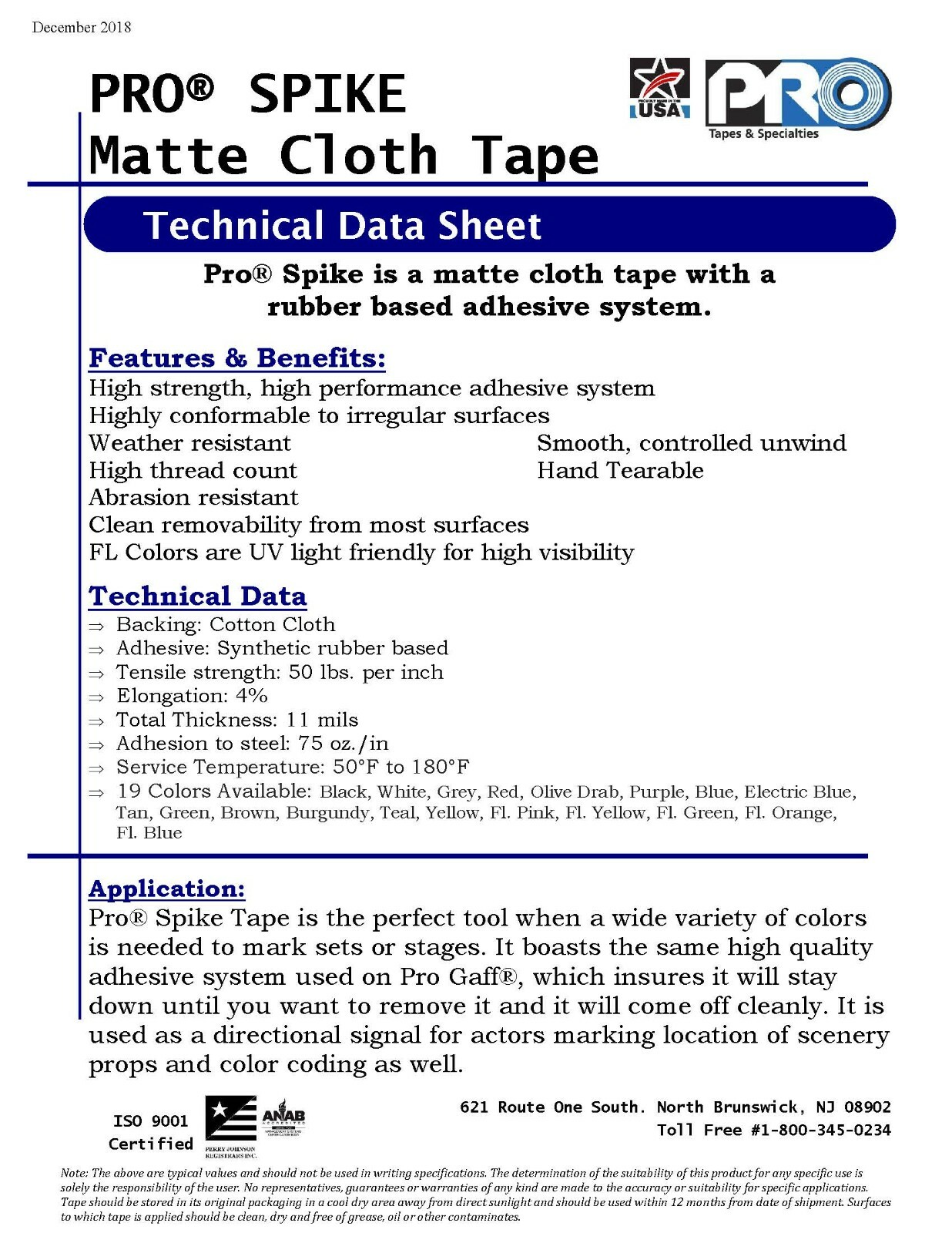 Pro Tapes Pro Gaff Spike Tape 1/2 inch X 45 yds. All colors (19) available