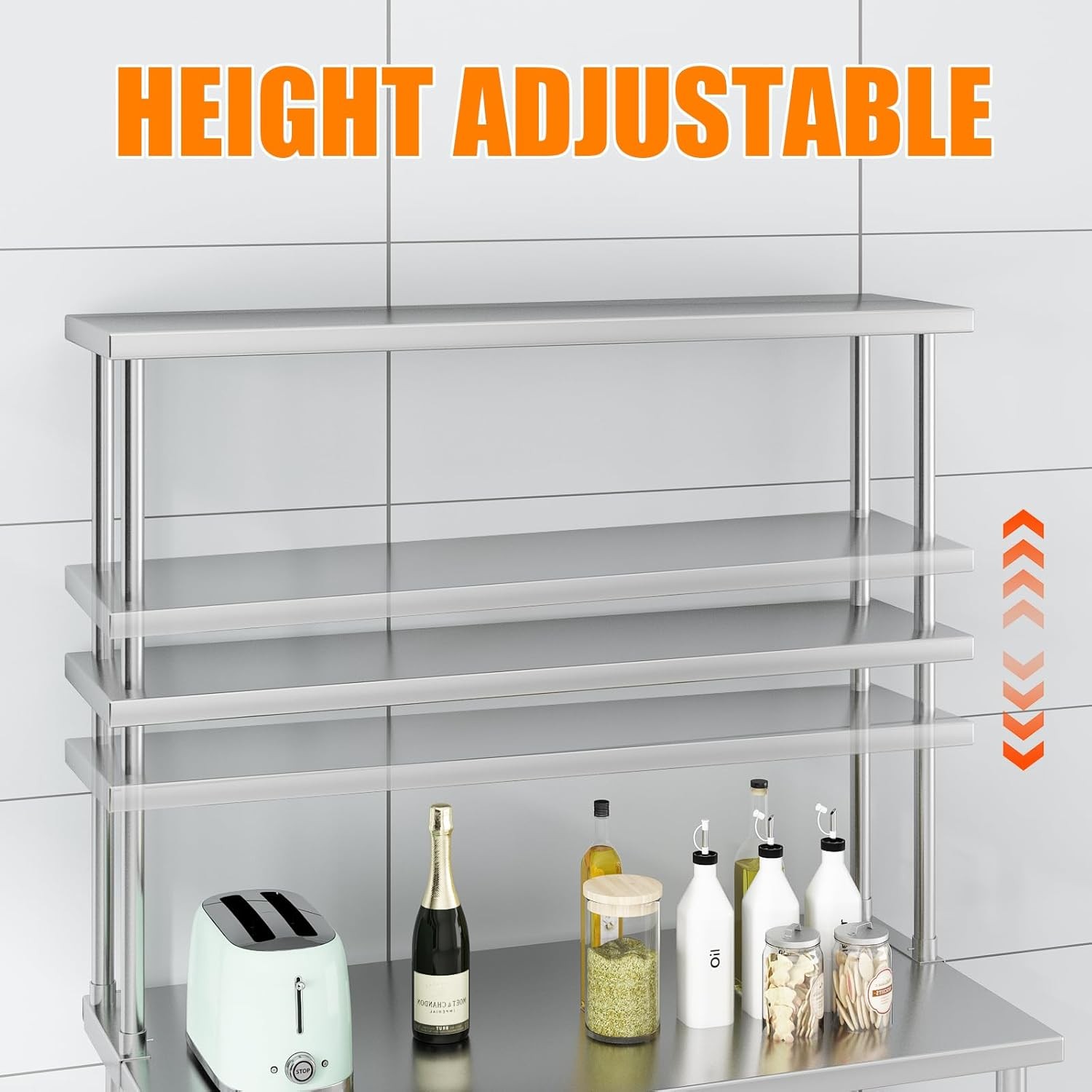12"x48" Stainless Steel Overshelf for Prep & Work Table, 2-Tier Adjustable Shelf
