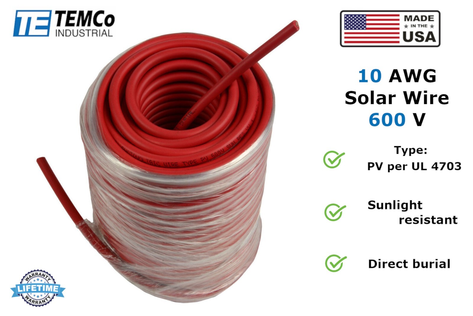 10 AWG Solar Panel Wire 500' Power Cable UL 4703 Copper MADE IN USA PV Gauge Red