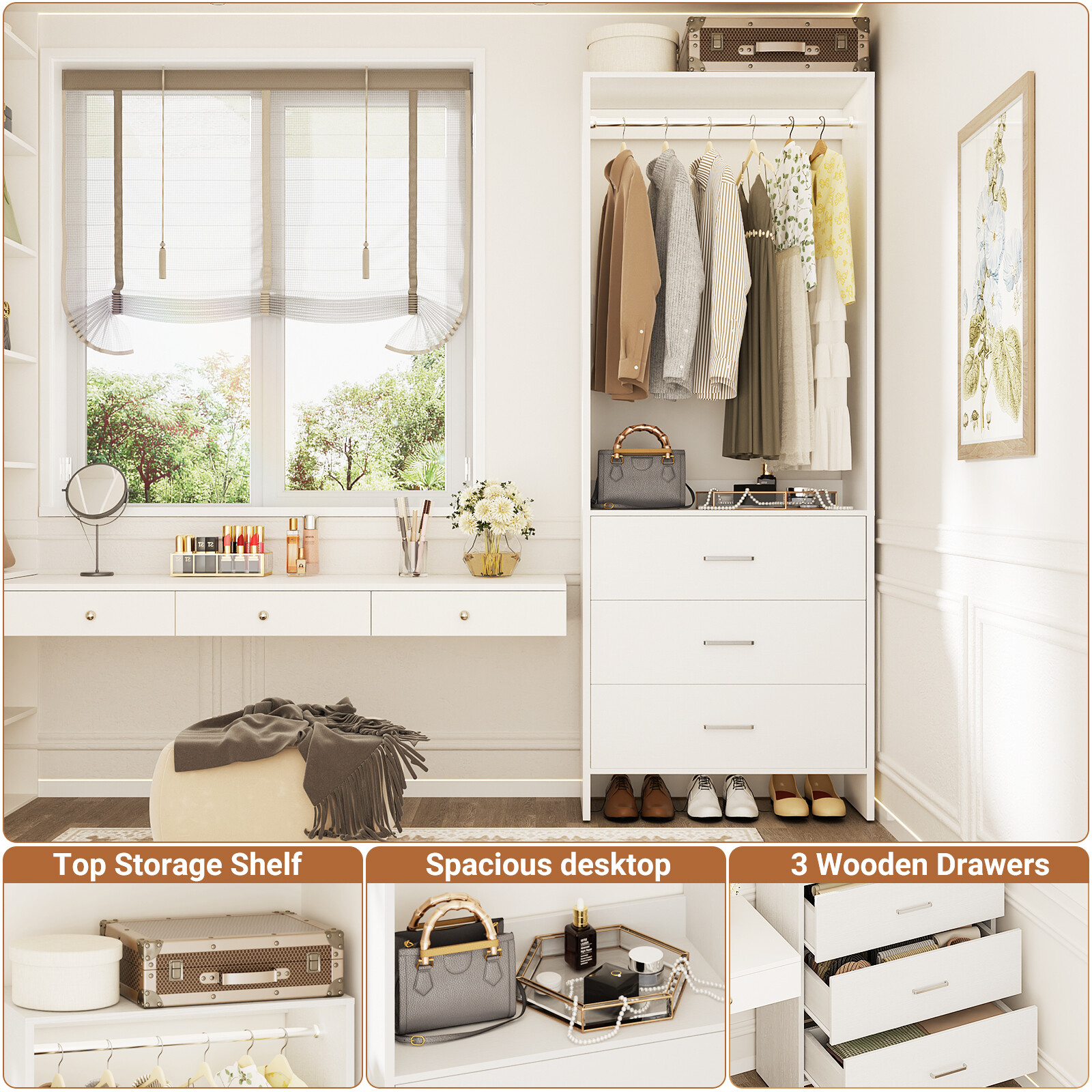 2FT Closet System with 3 Drawers ＆ Hanging Rod, 24'' Small Wardrobe Clothes Rack