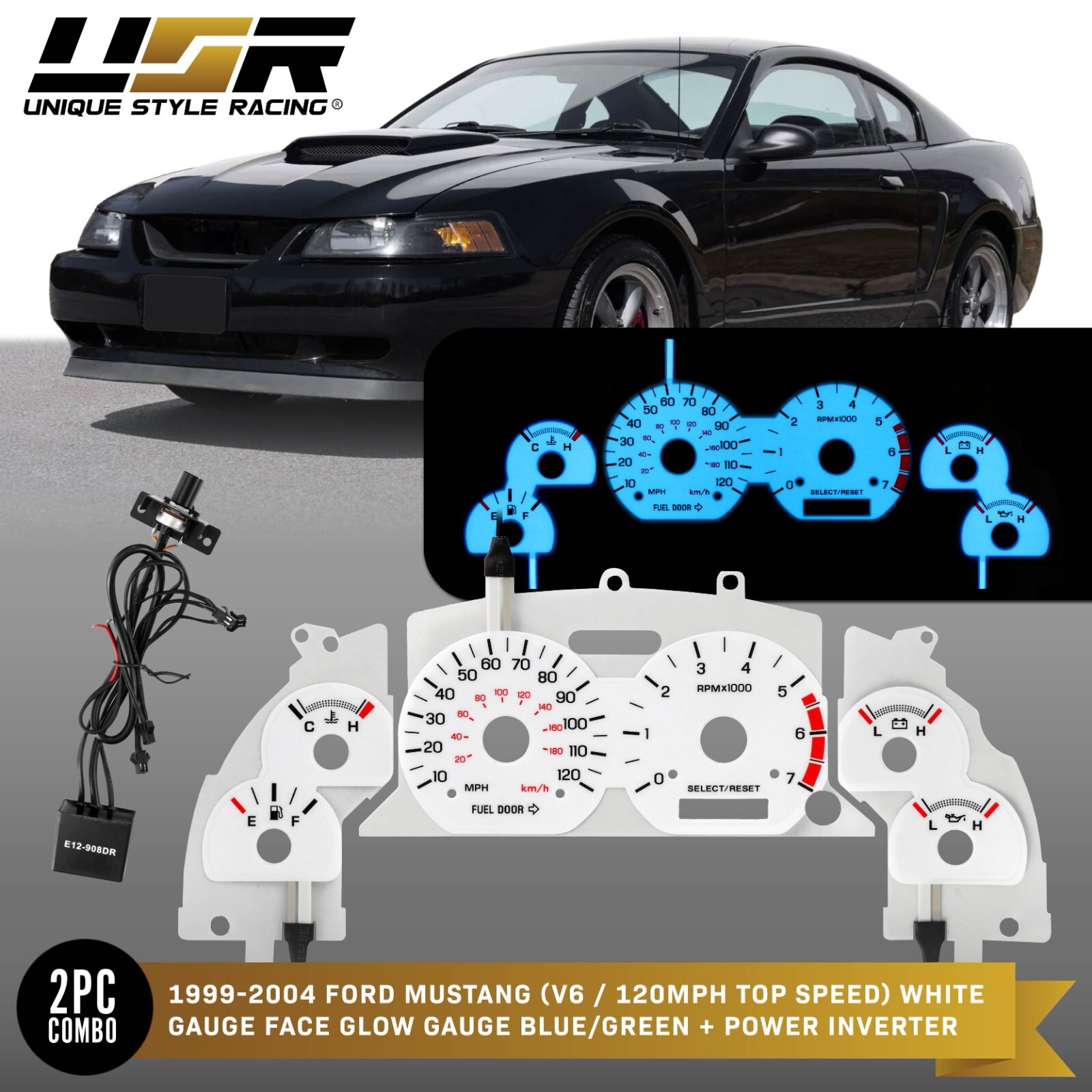 BLUE/GREEN Glow Gauge White Overlay For 99-04 Ford Mustang V6 120MPH Cluster