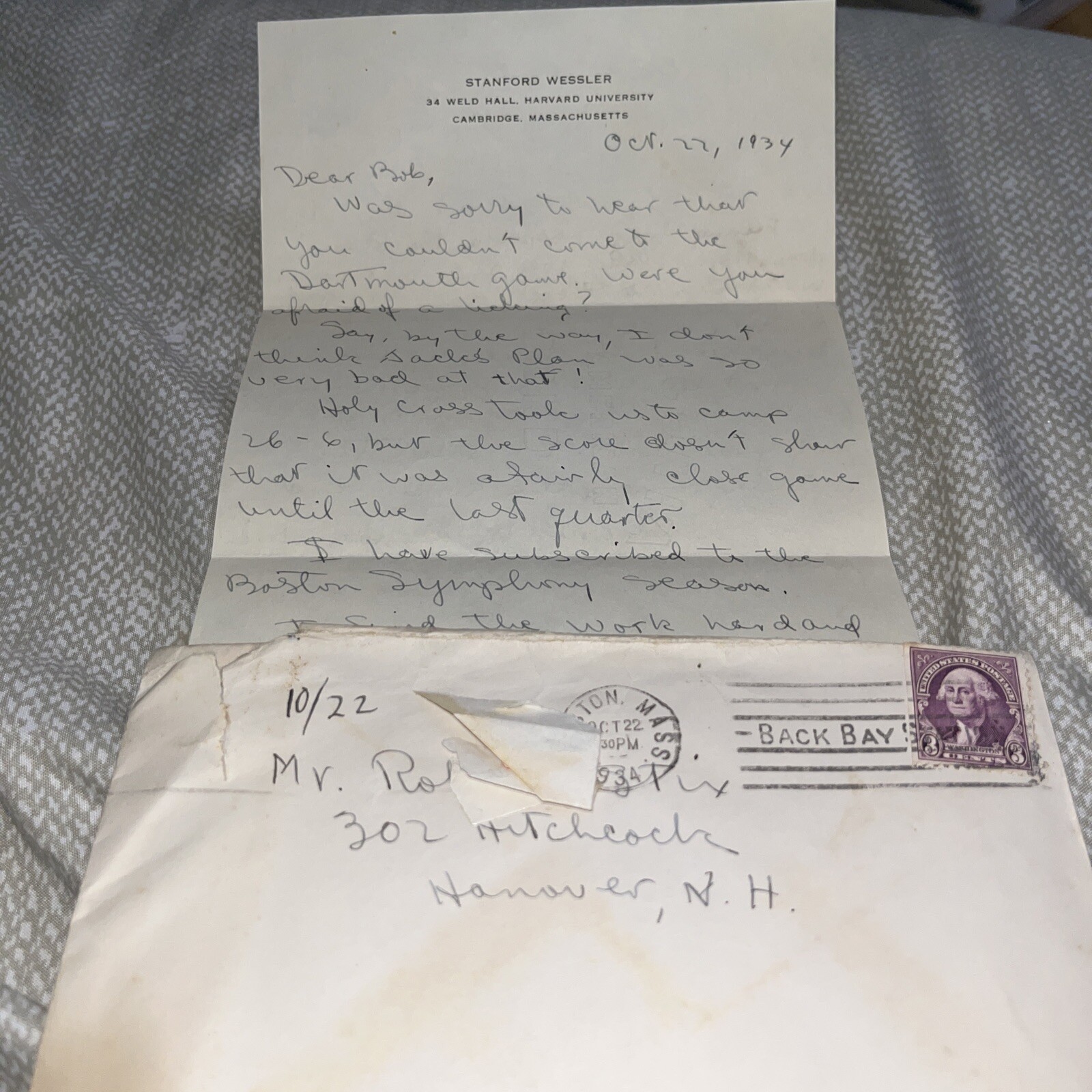 1934 Letter Personal Harvard University Stationary Holy Cross Dartmouth Football