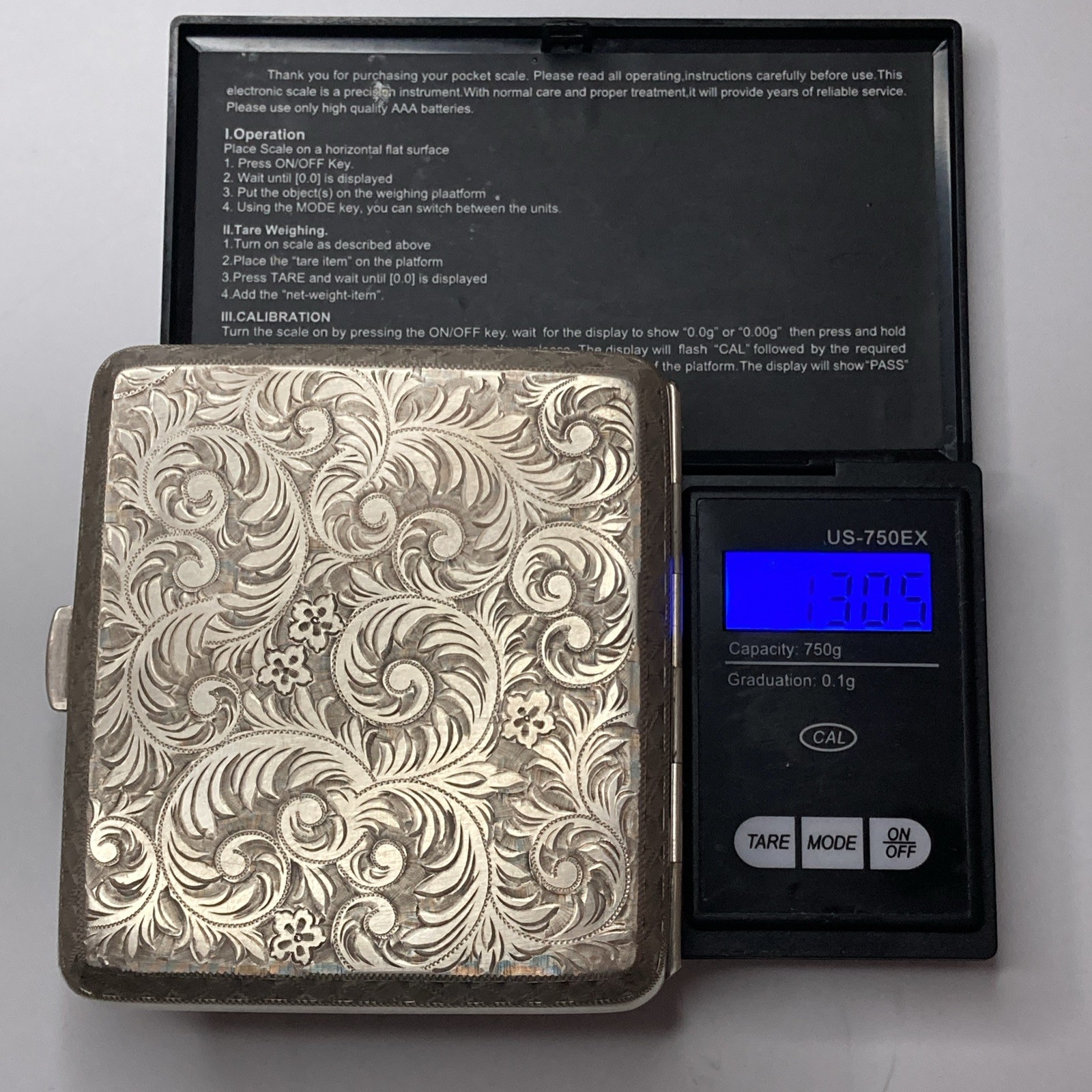 Sterling Silver .950 Cigarette Case Vintage Engraved~Made In Japan(130.5 Grams)