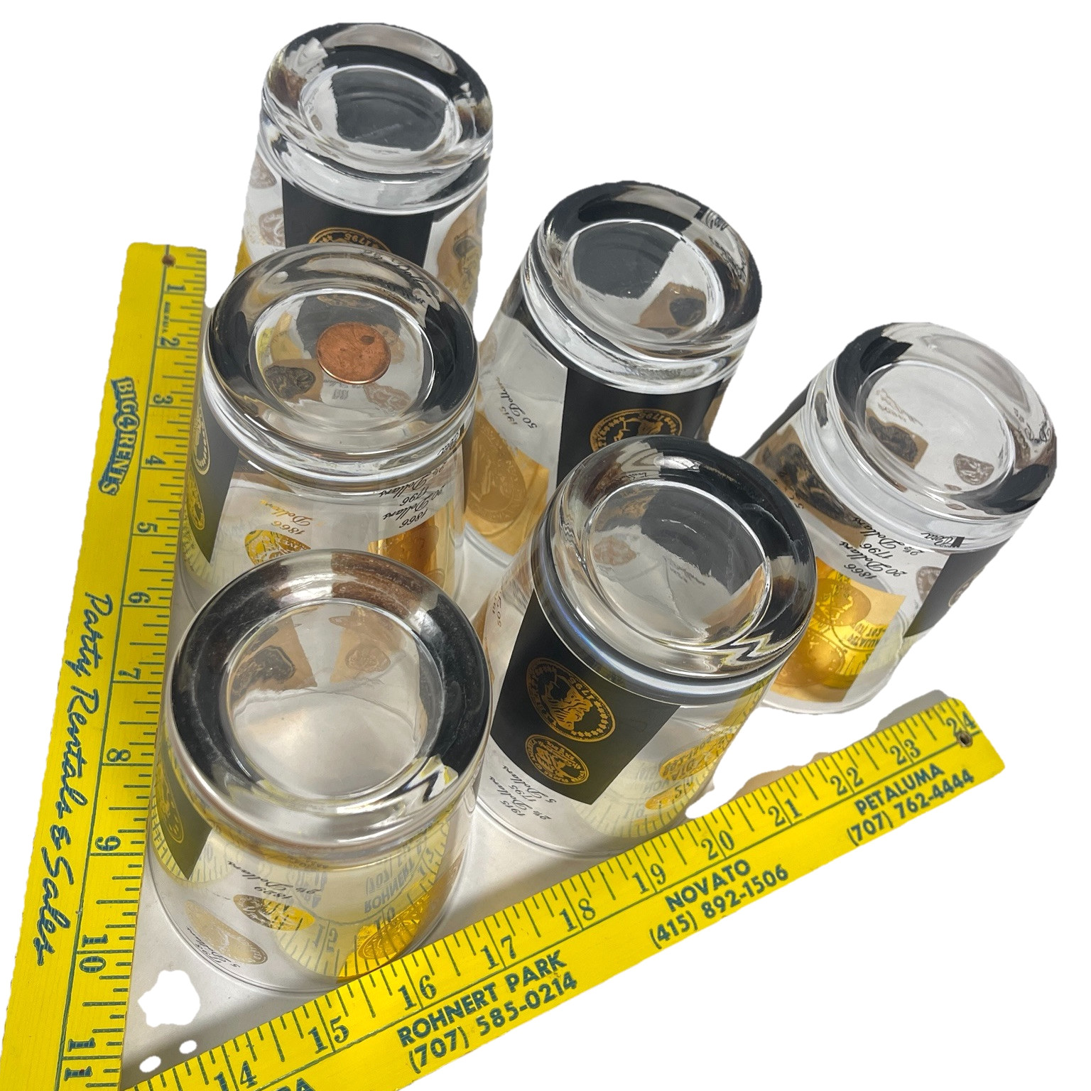 Cera Bob Wallack Gold Coin 6 Vtg Highball Glass Lot MCM Old Fashioned Cocktail