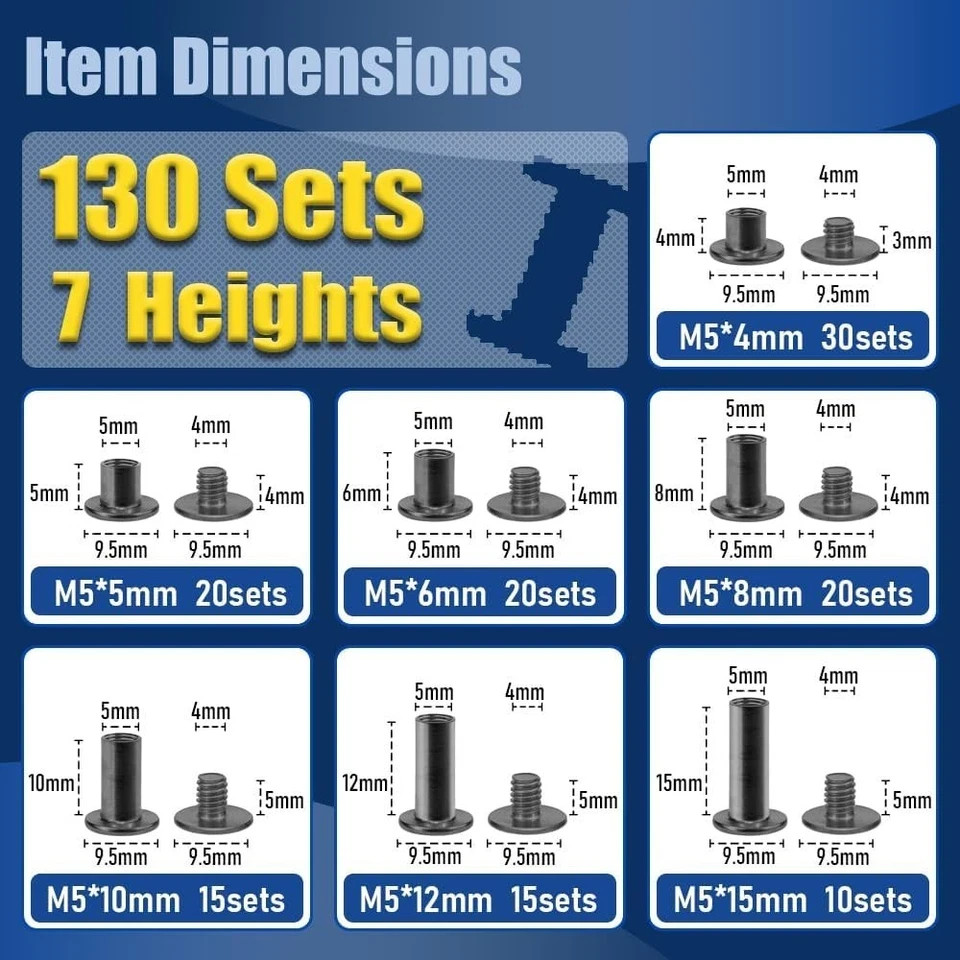 130 Sets Black Chicago Screws Kit M4 M5 Binding Rivets for Leather Belt Book DIY
