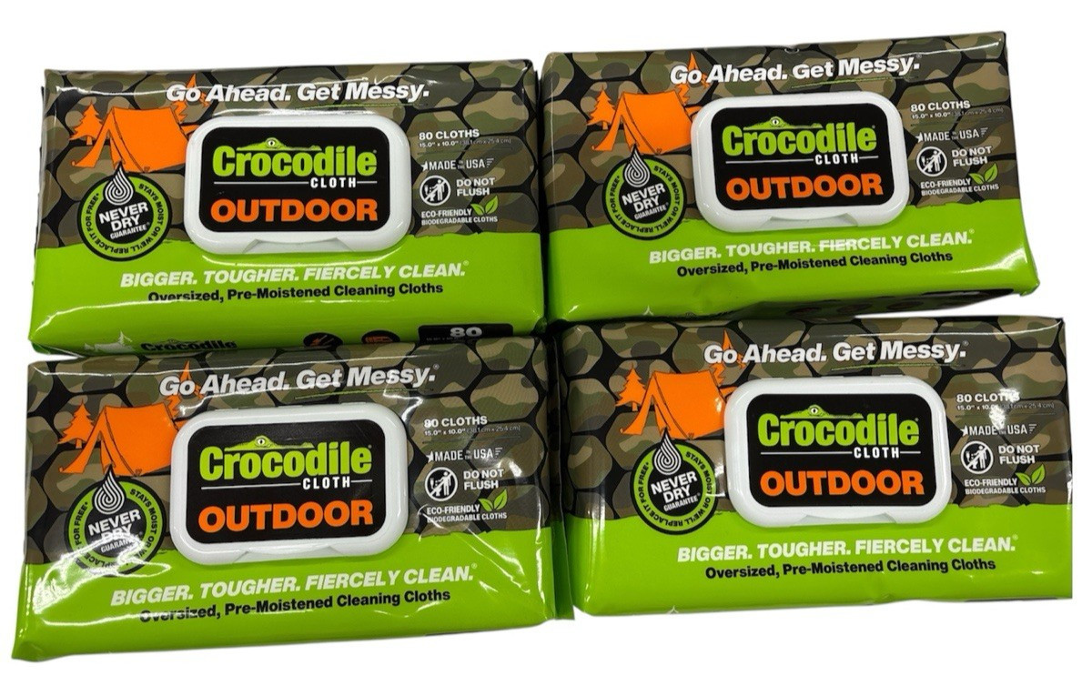 4 Packs (80 Wipes Each) Crocodile Cloth Outdoor Wipes Oversized Biodegradable
