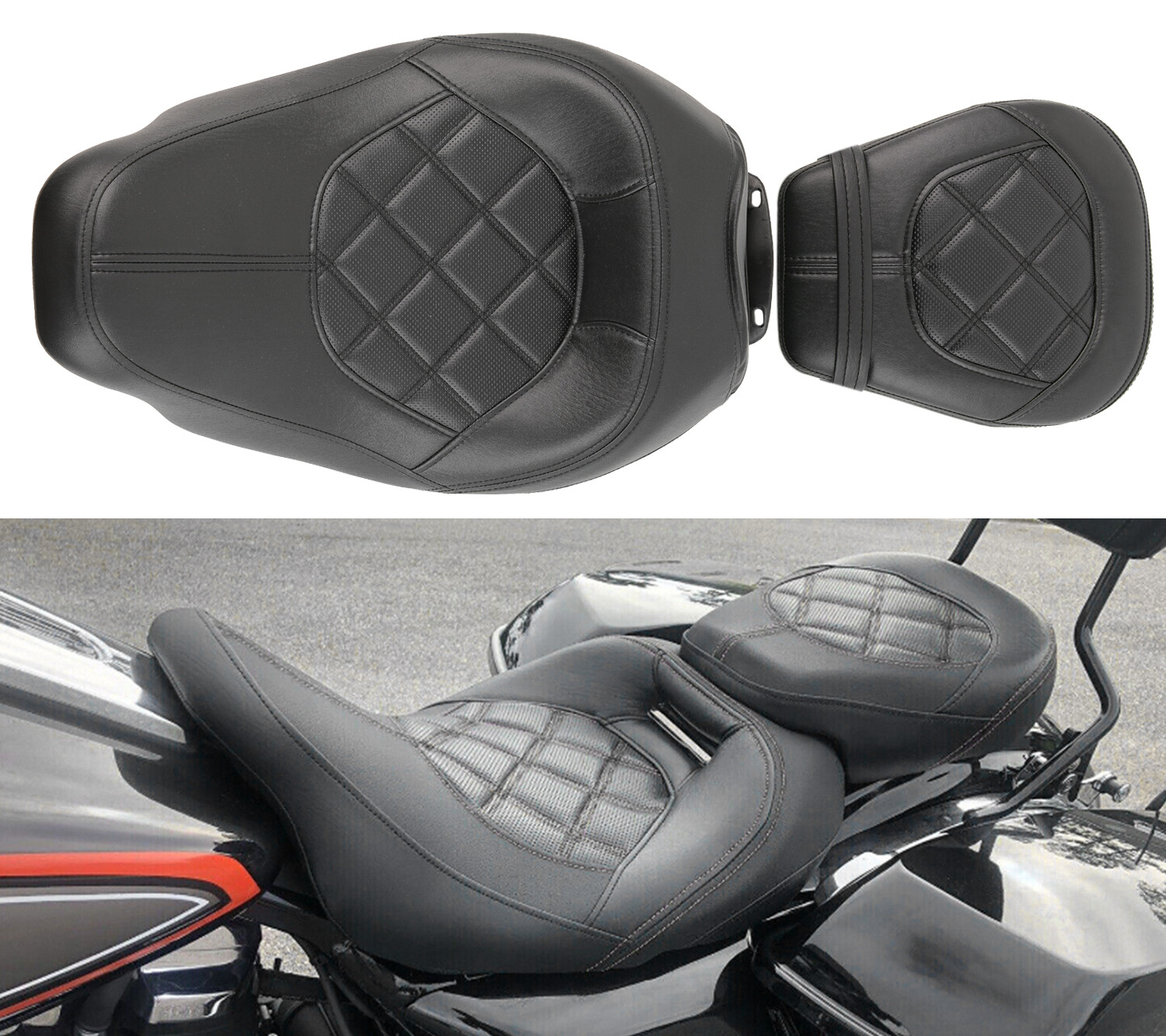 For Harley Davidson Touring CVO Road King Driver Passenger Seat Black Stitching