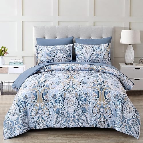 Blue Paisley Comforter Set 7 Pieces Bed in a Bag Boho Queen Light Blue