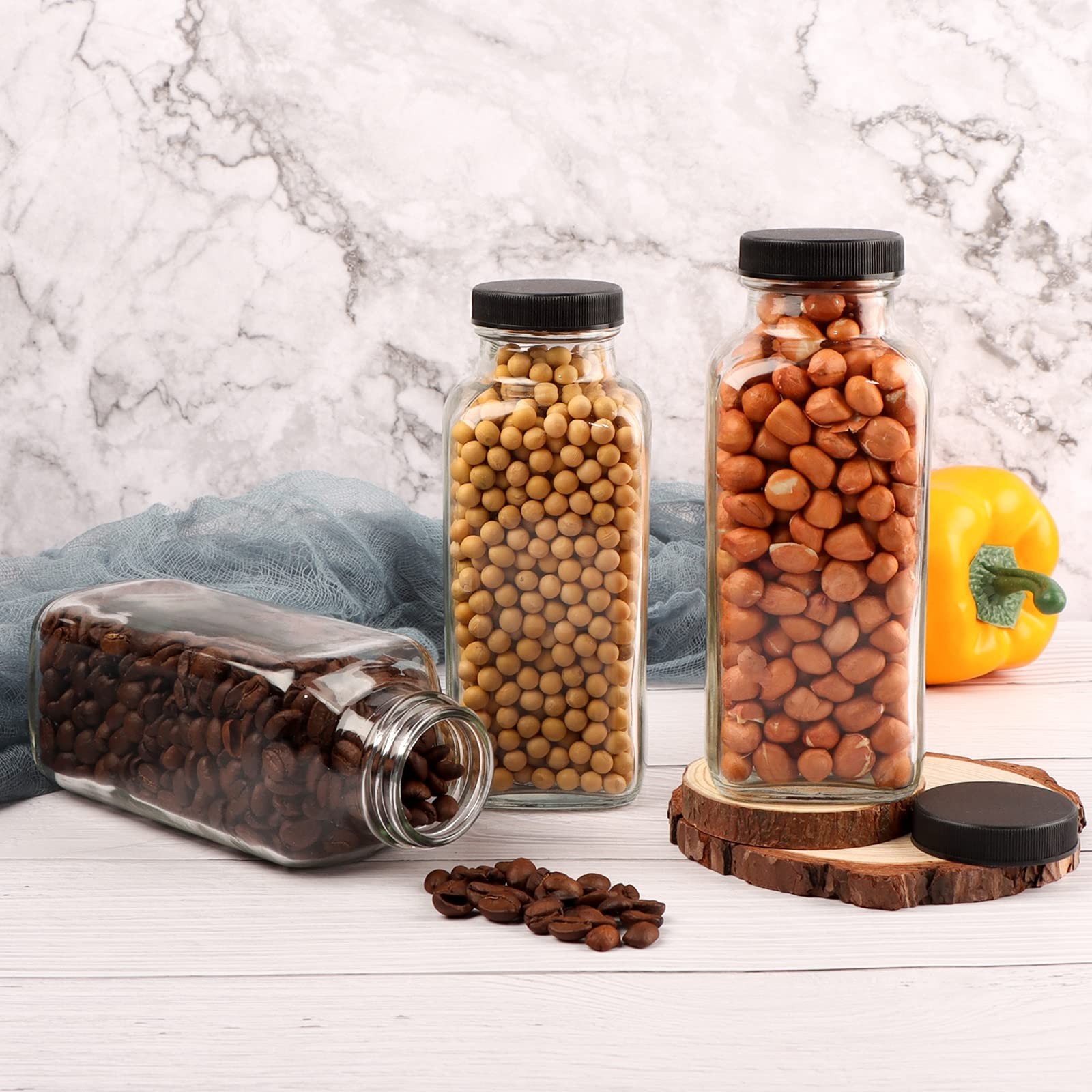 12 OZ Glass Drink Bottles, Set of 12 Vintage Glass Water Bottles with Lids, G...