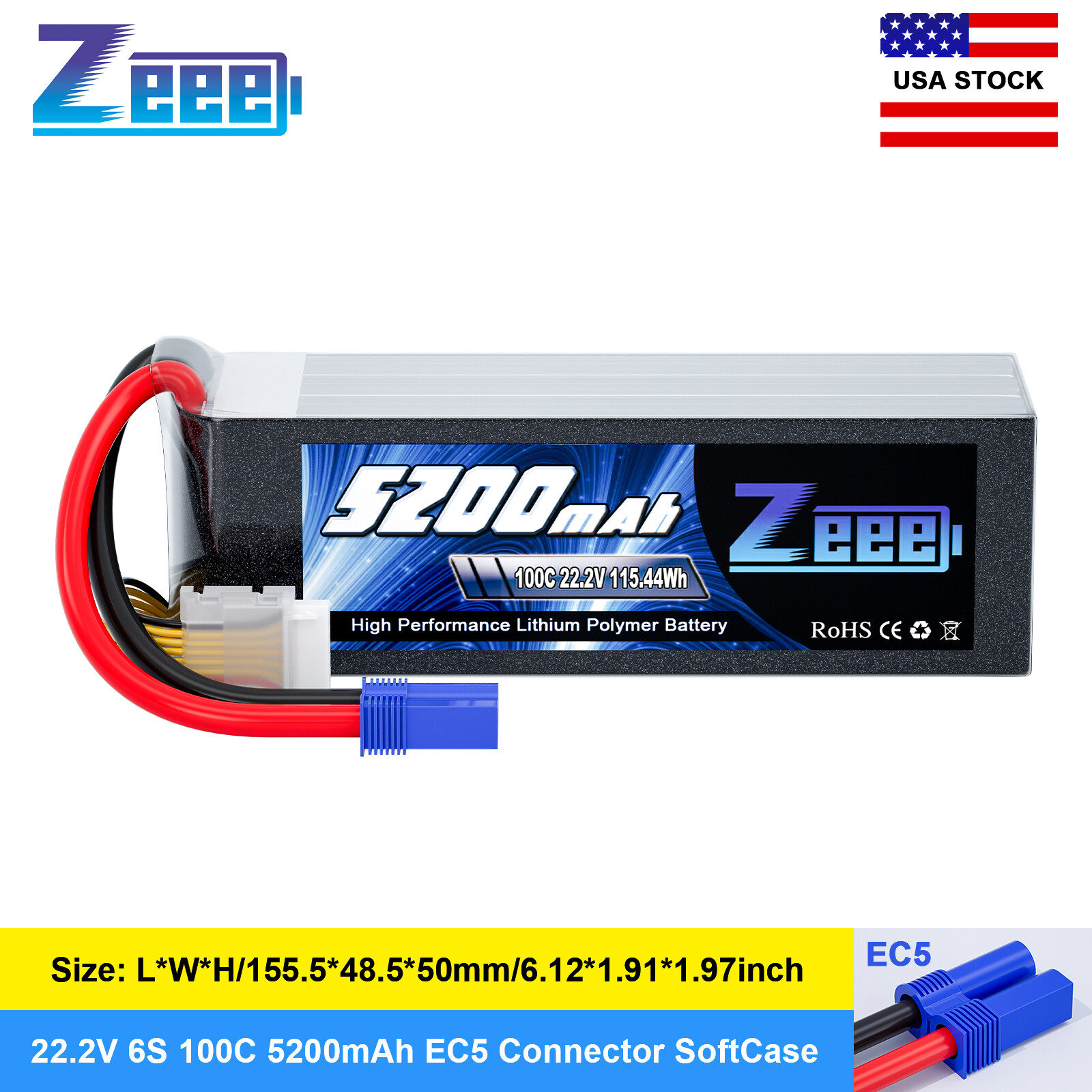Zeee 22.2V 100C 5200mAh 6S Lipo Battery EC5 for RC Car Airplane Heli Drone Jets