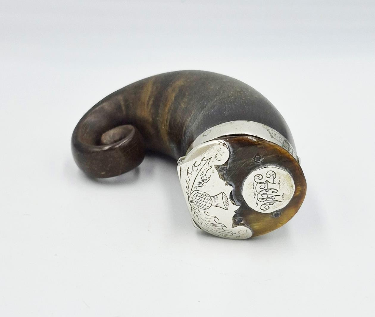 VICTORIAN SCOTTISH SILVER PLATE MOUNTED RAMS HORN SNUFF MULL c1864 HUGH MACKAY