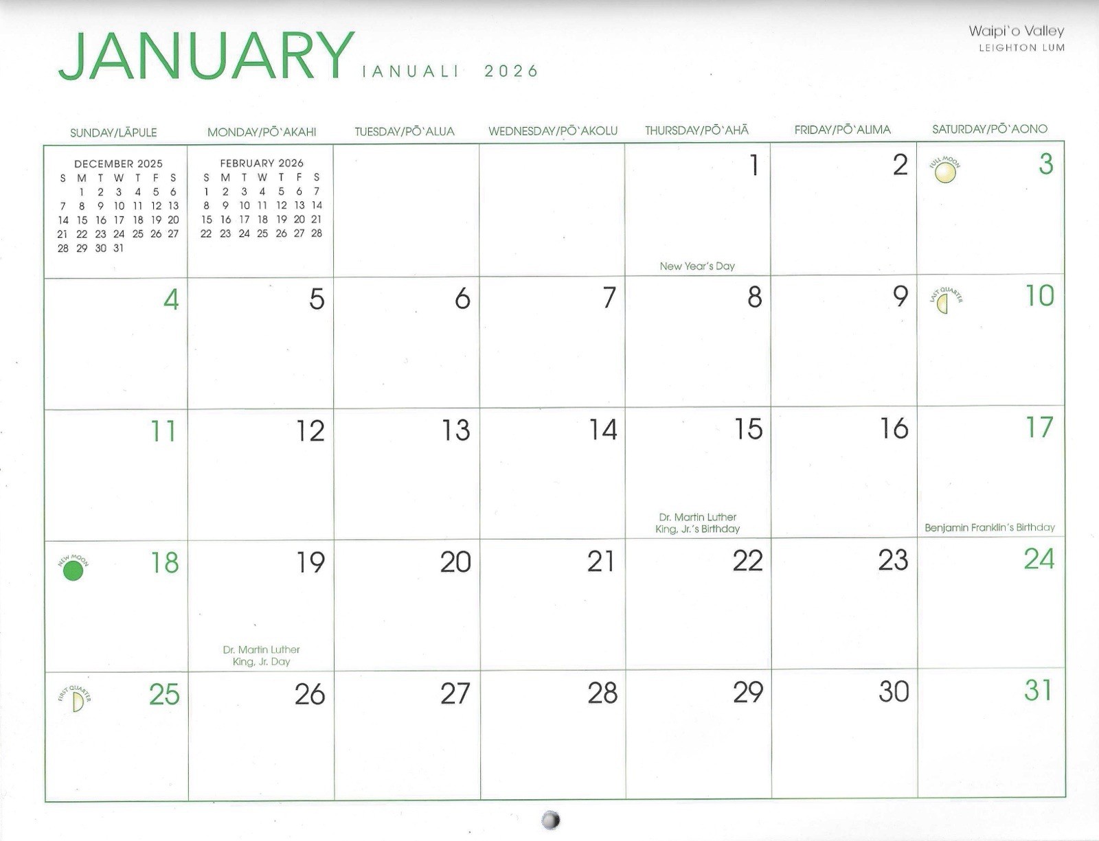 2026 Big Island Hawaii Calendar – Scenic Photos & Hawaiian Holidays All Year