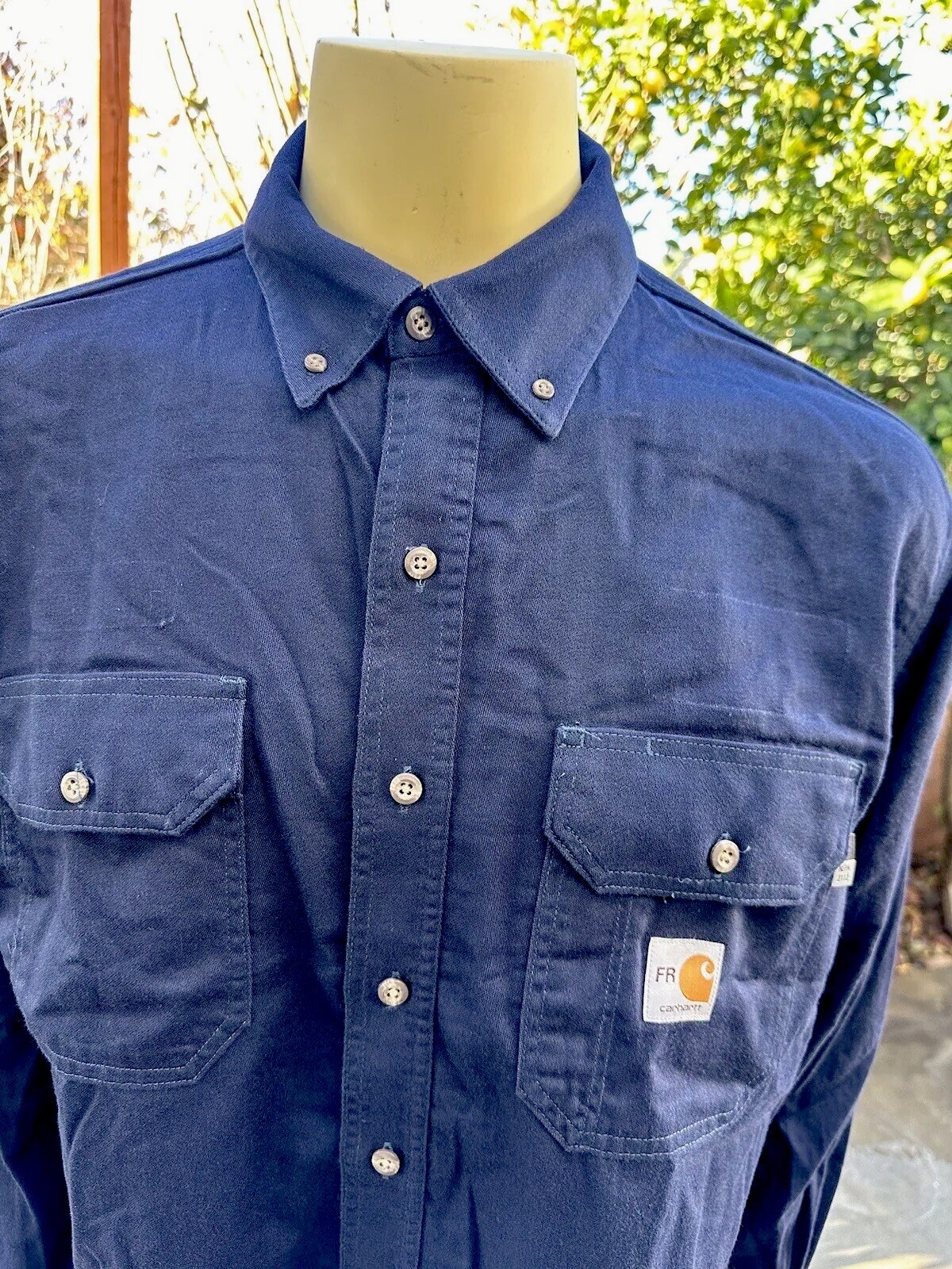 2 Carhartt FR Button Down Cotton Work Shirts Large RG Navy