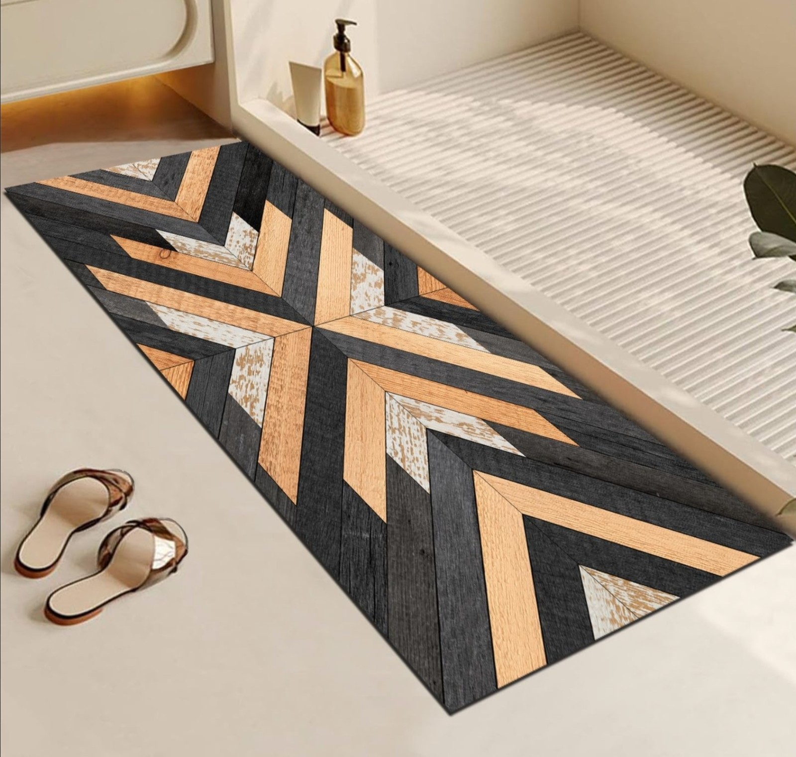 16"x43" Boho Bathroom Rug Western Aztec Bath Mat Runner Farmhouse Rustic Wood