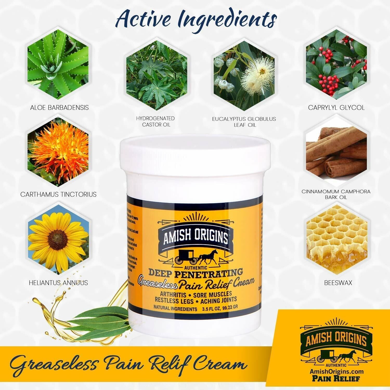 Amish Origins Deep Penetrating Pain Relief Cream Restless Legs Arthritis 3.5 oz