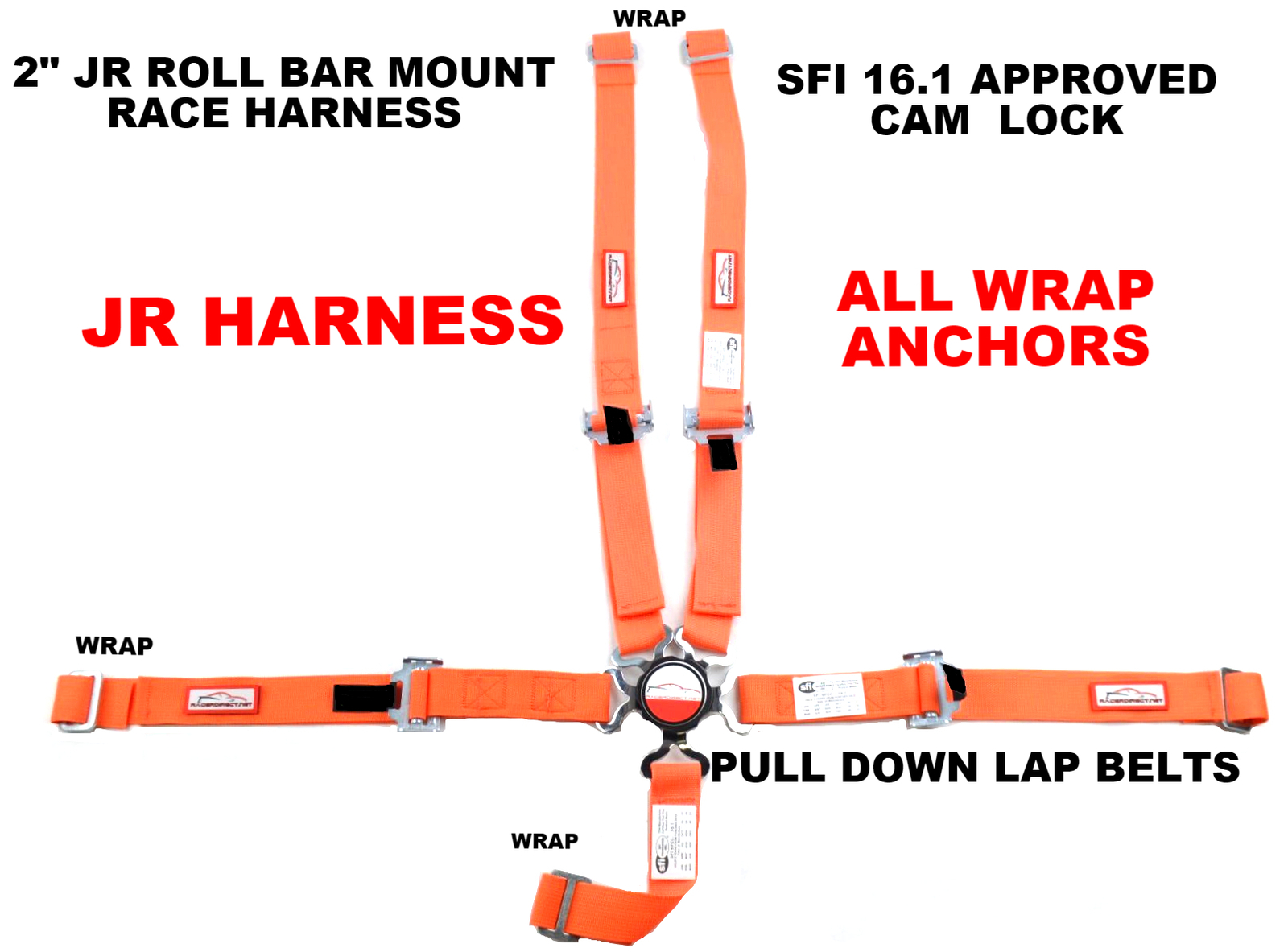 ORANGE JUNIOR DRAGSTER RACE HARNESS SFI 16.1 ALL WRAP CAM LOCK SEAT BELT