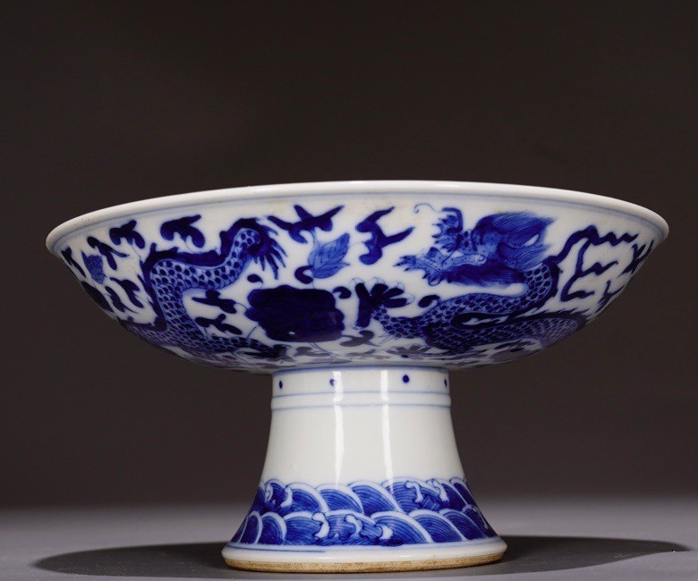 7.6'' Kangxi Marked Blue white Porcelain dragon loong beast Tray Dish Plate