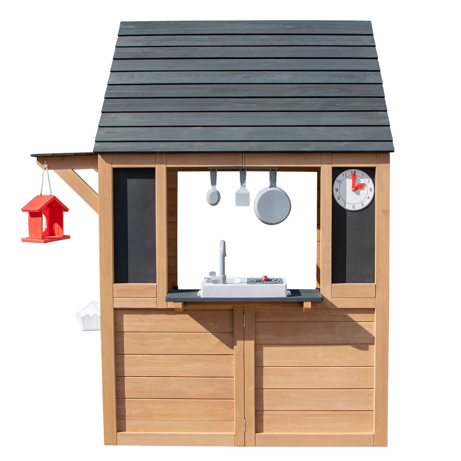 Kids Wooden Playhouse with Bench,Play Kitchen,Chalkboard,Flowerpot,Birdcage