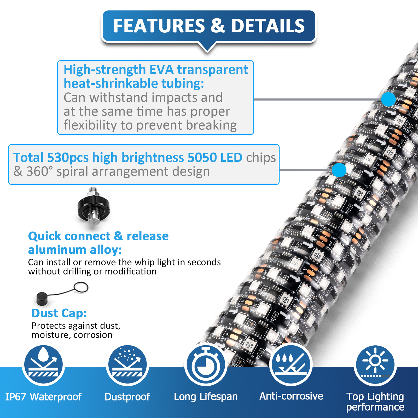 3FT Thick LED Whip Spiral Chasing RGB Fat Whip Lights For Can Am Polaris RZR UTV