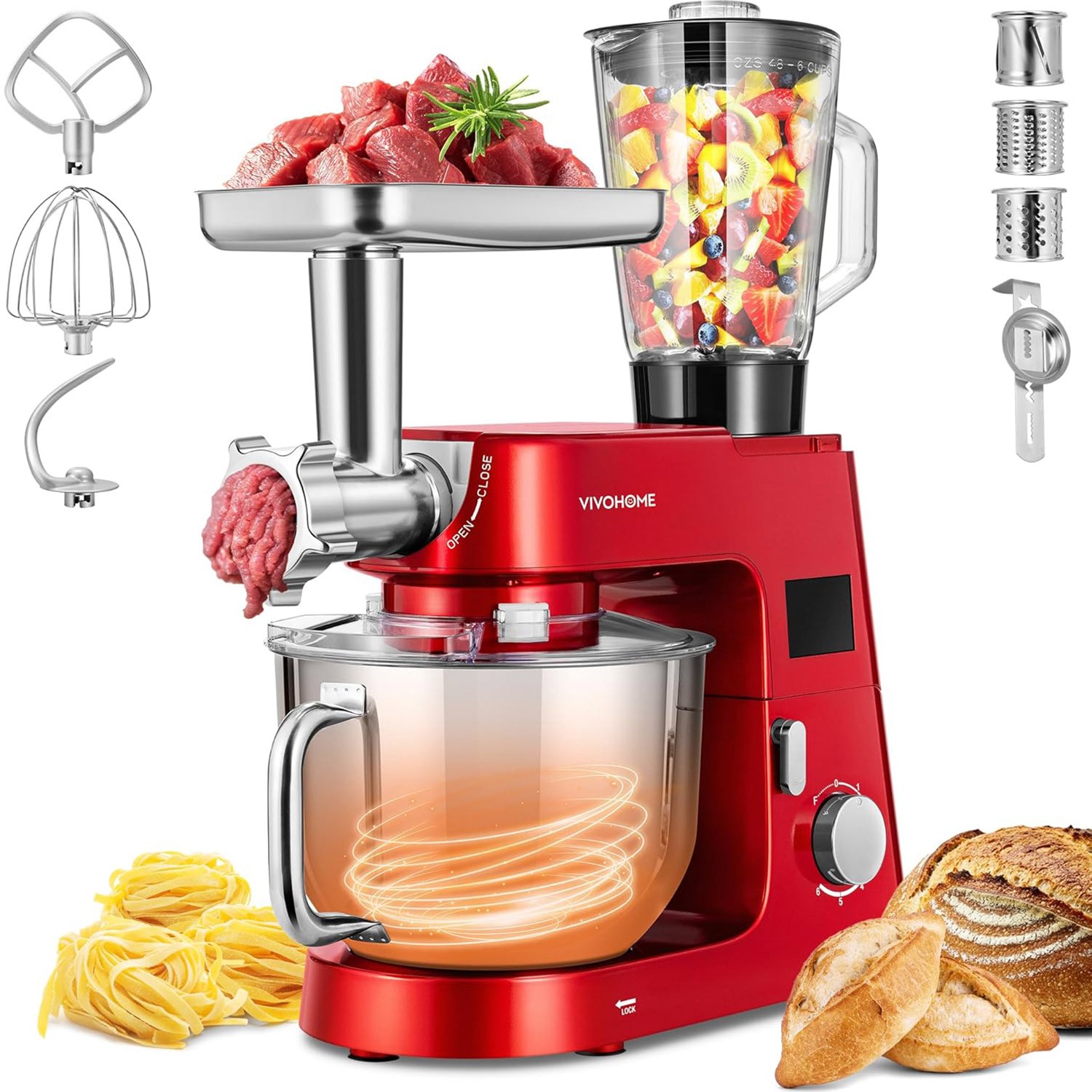 Stand Mixer 6Speed 7.5Qt 9-in-1 w/ Fermentation Timer Meat Grinder Juicer Slicer