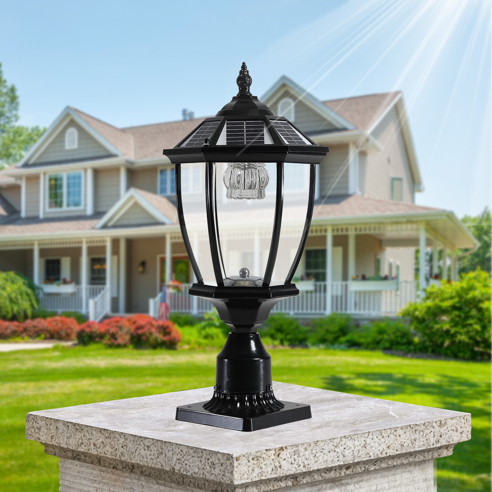 2 Pack 20'' Solar Post Light Outdoor Black Pillar w Remote Control Dusk To Dawn