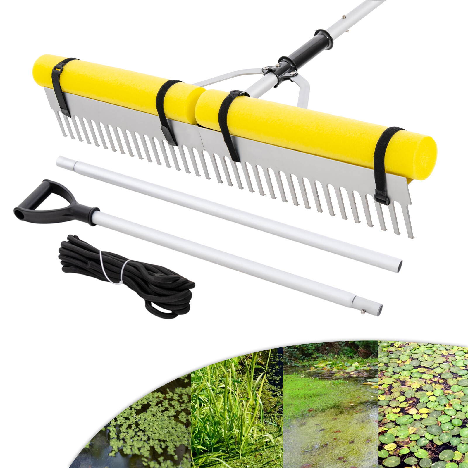 Floating Weed Lake Rake Pond Weed Cutter w/ Foam Floats, Rope & Extended Handle