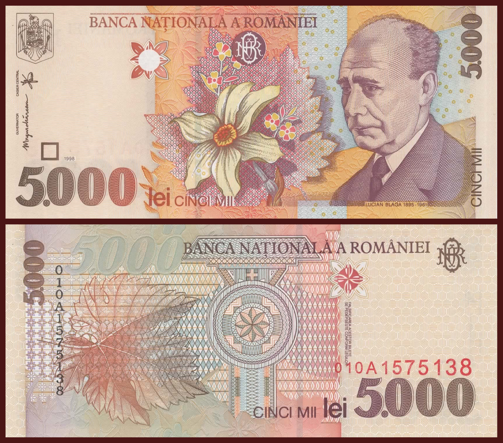 Romania 5000 Leu Banknote, 1998 P-107b Uncirculated Paper Currency