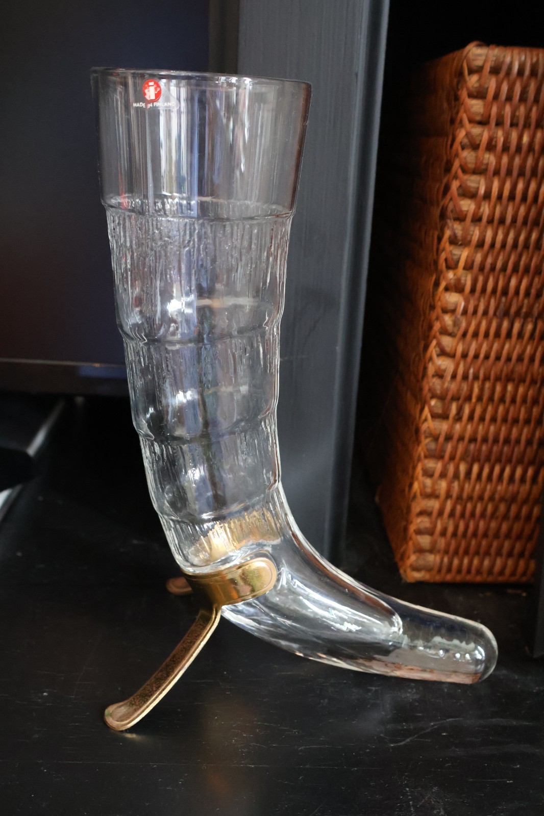 LARGE Iittala Harald Beer GLASS Horn Pilsner  9" EXCELLENT  Finland Brass