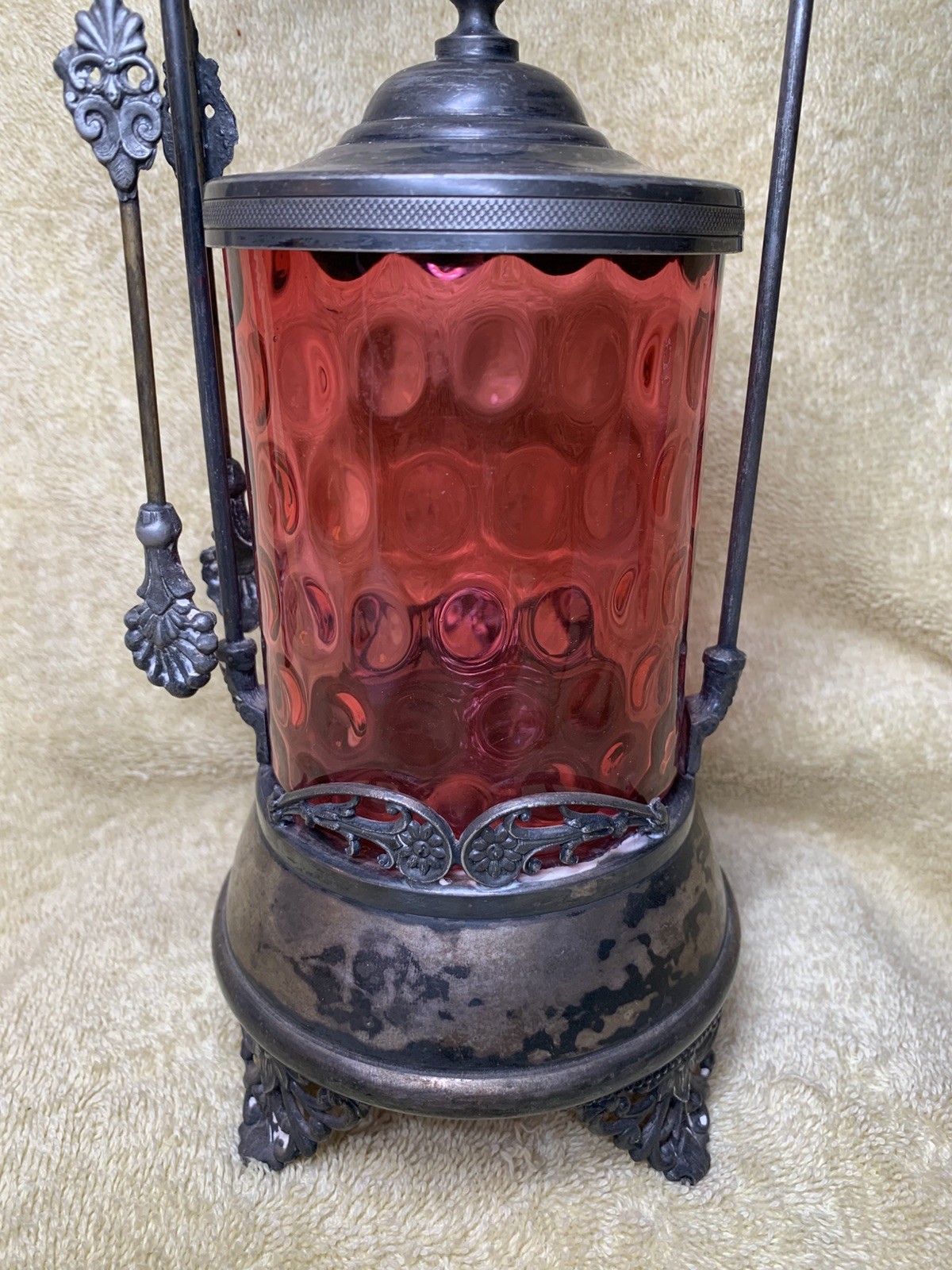 Antique Victorian Style Pickle Castor W/ Tongs Coin Dot Glass Cranberry Red