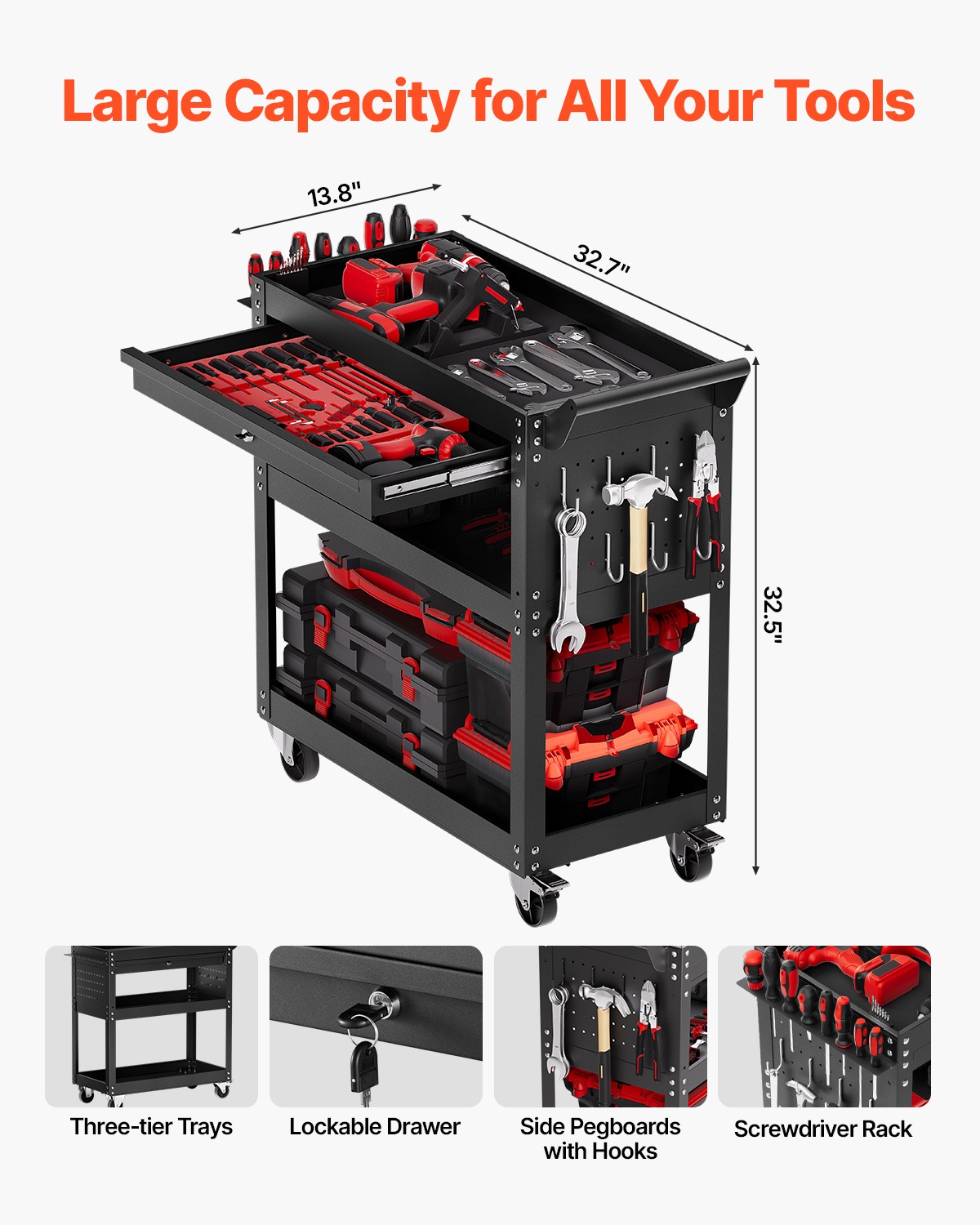 VEVOR 4-Tier Tool Cart on Wheels 350 lb Rolling Work Cart with Drawer & Pegboard