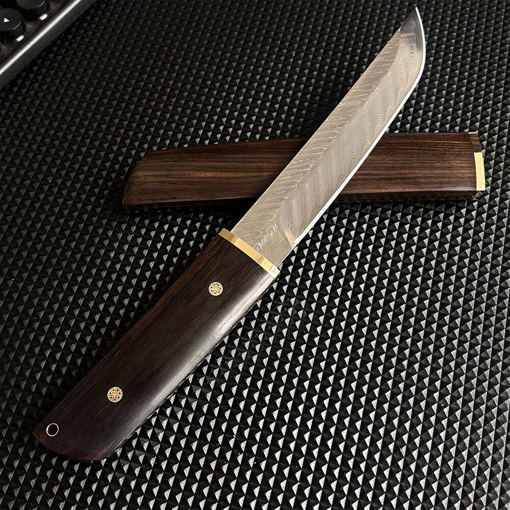 VG10 Damascus Knife Ebony Wood Handle Sheath Full Tang Outdoor Camping EDC Tool