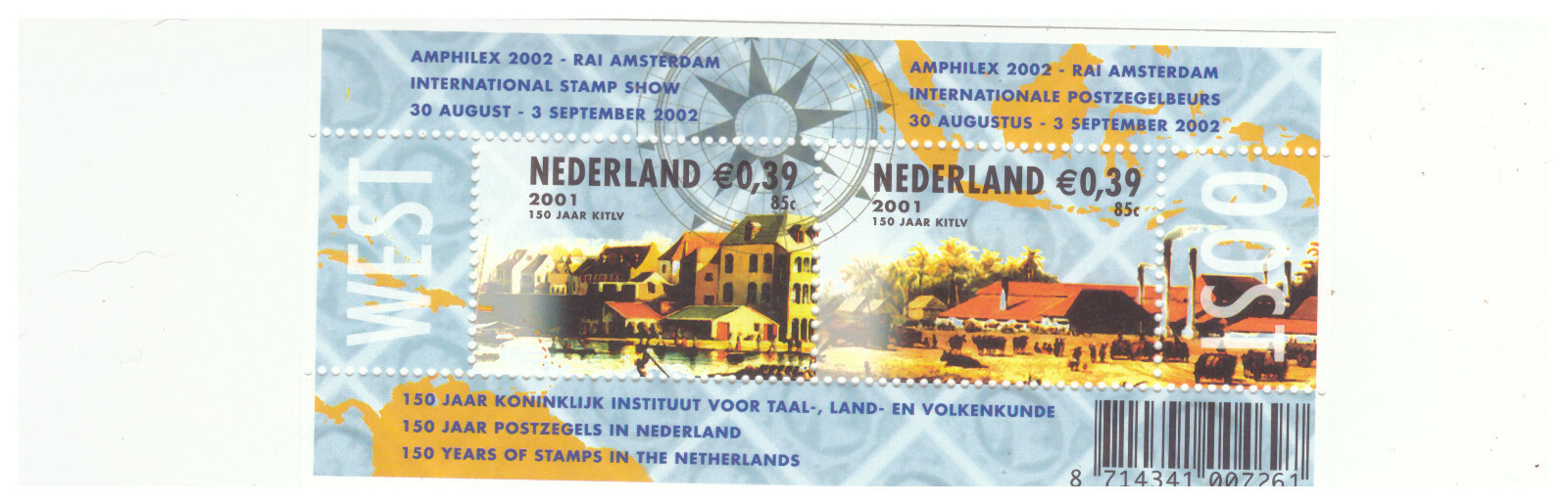 NETHERLANDS SC.1084 2001 150TH ANNIV. OF DUTCH STAMPS SOUVENIR SHEET MNH BK2