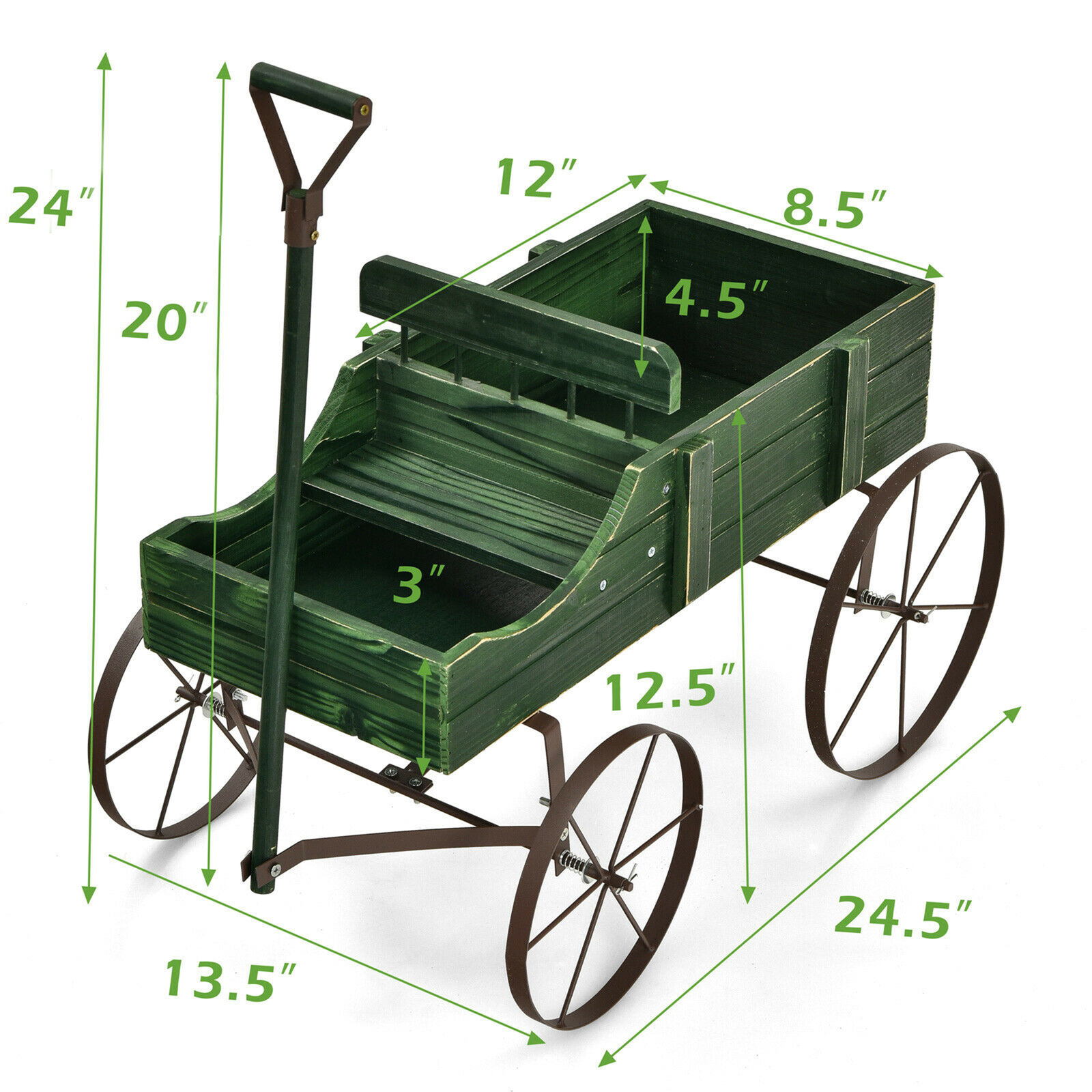 Garden Plant Planter Wooden Wagon Planter W/ Wheel Garden Yard Green