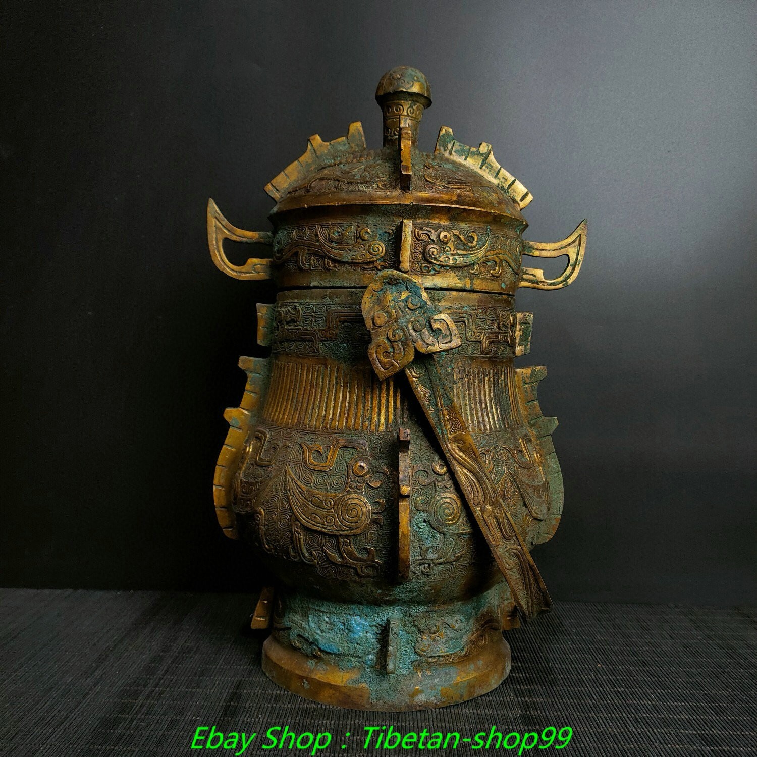 15.3''Old Chinese Dynasty Bronze Ware Gilt Inscription Bird Portable Pot Bottle