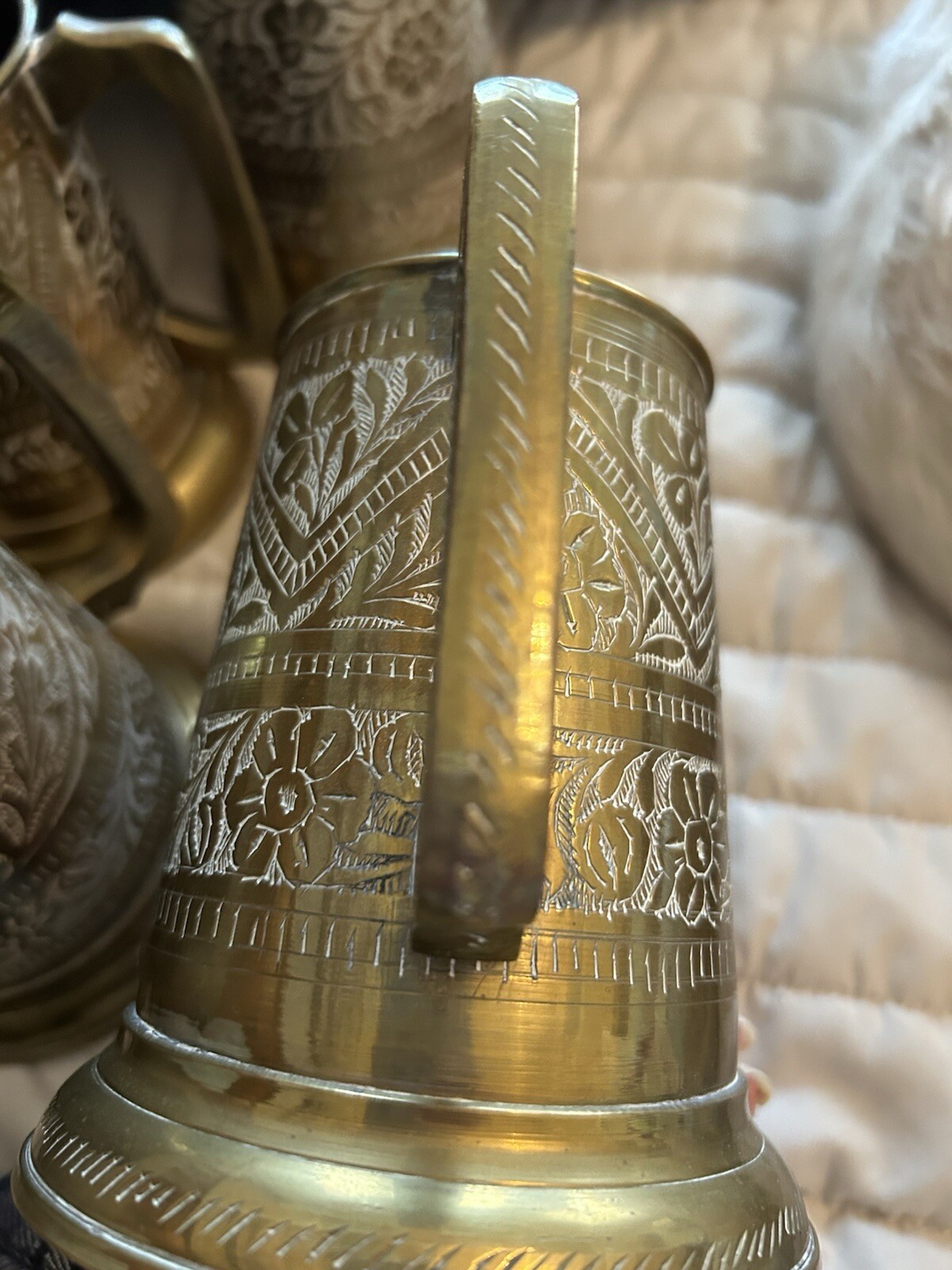 Set Of Four Vintage Hand Etched Copper/Brass Beer Mugs Glass Bases - Pakistan