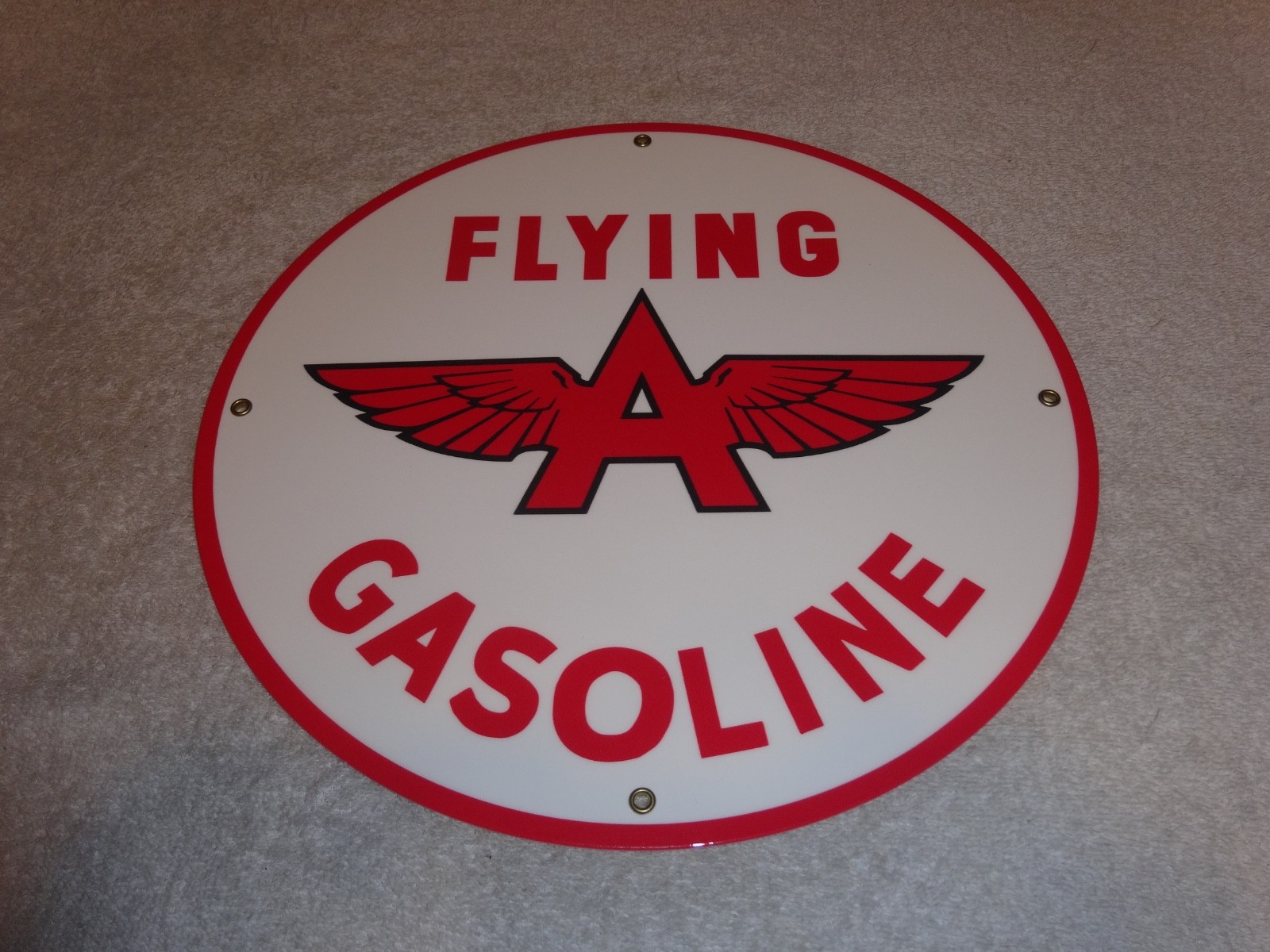 VINTAGE FLYING A GASOLINE WHITE 11 3/4" PORCELAIN METAL SERVICE STATION OIL SIGN