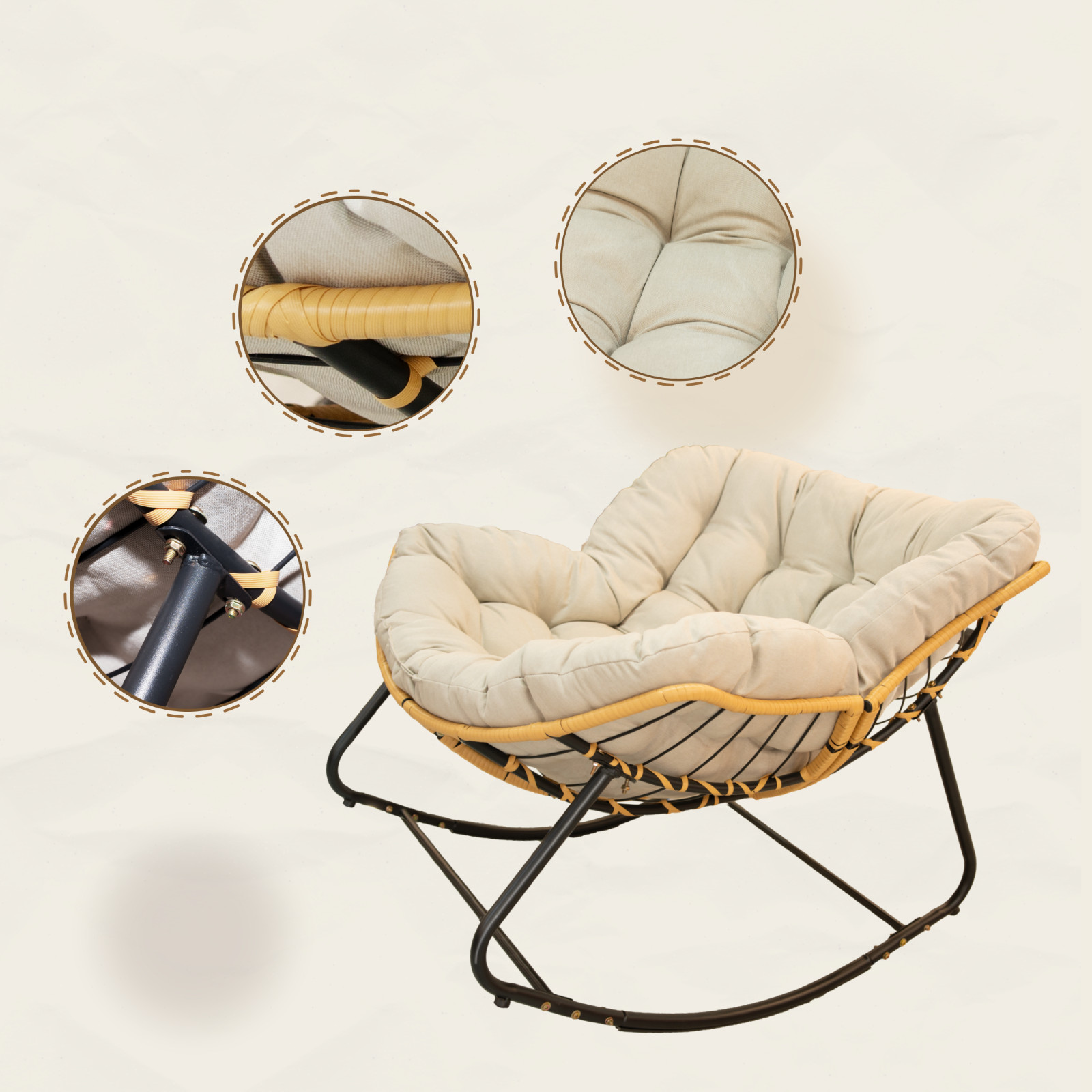 Oversized Rattan Egg Rocking Chair Outdoor Patio Indoor Papasan Chair W/ Cushion