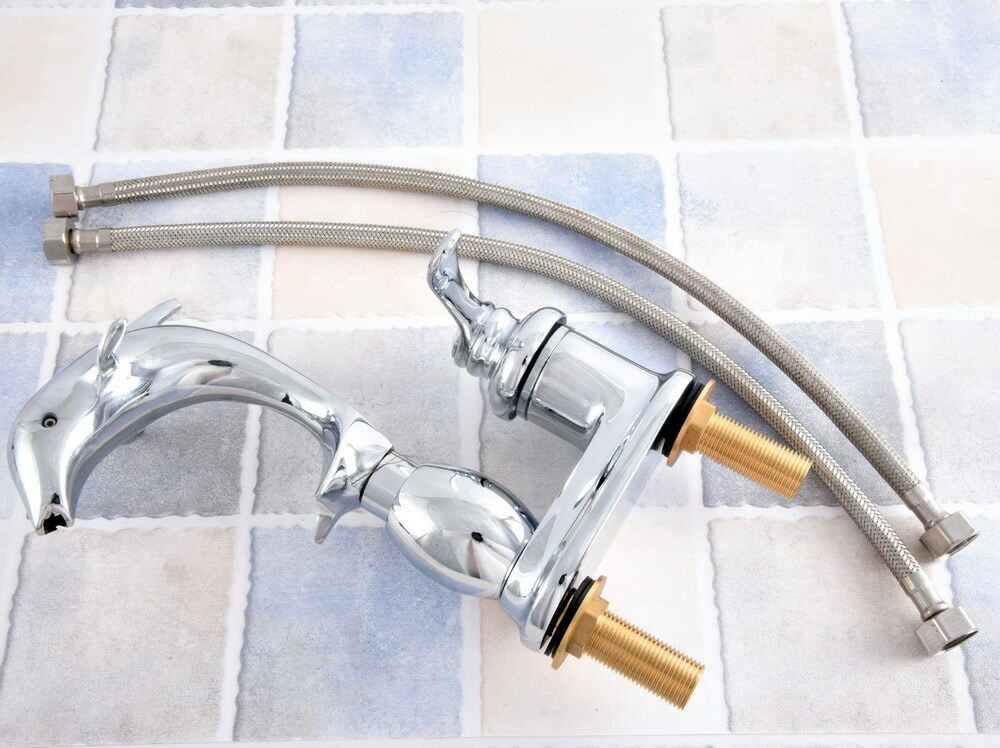 Polished Chrome Dolphin Shape Bathroom Vanity Sink 4" Centerset Faucet ssf838