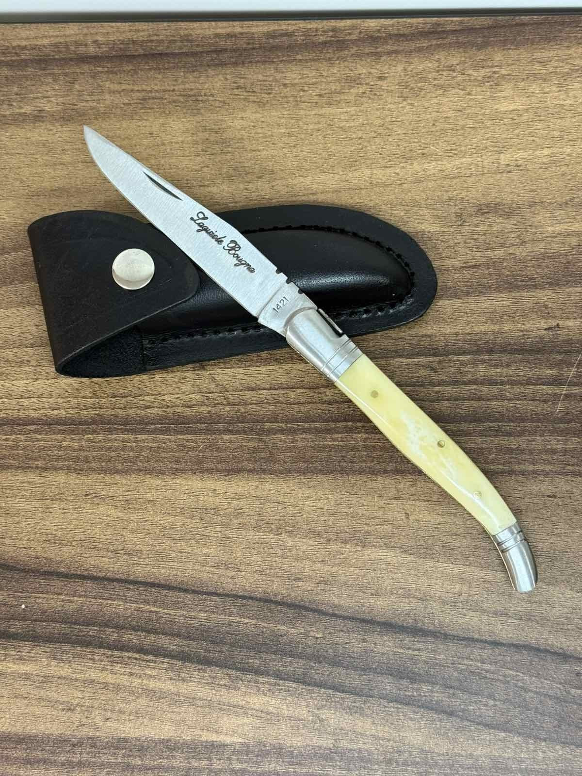 Vintage Laquiole Pocket Knife Blade Steel Antler Handle Leather Sheath Mens Rare