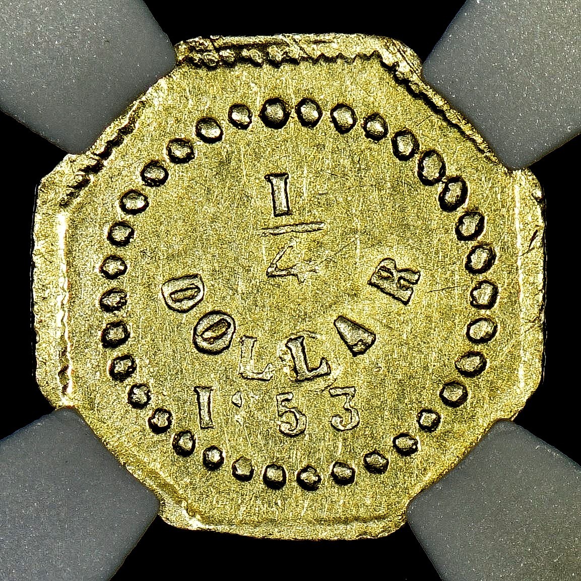 1853 25C CALIFORNIA GOLD ✪ NGC UNC DETAILS ✪ COIN BG-102 OCTAGONAL ◢TRUSTED◣