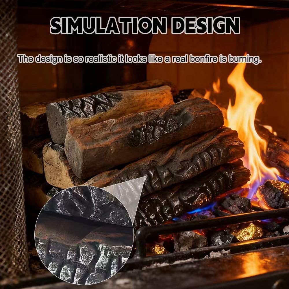 Large Ceramic Fireplace Gas Logs, 10 Pcs Set of Decoration Wood Logs for Ventles