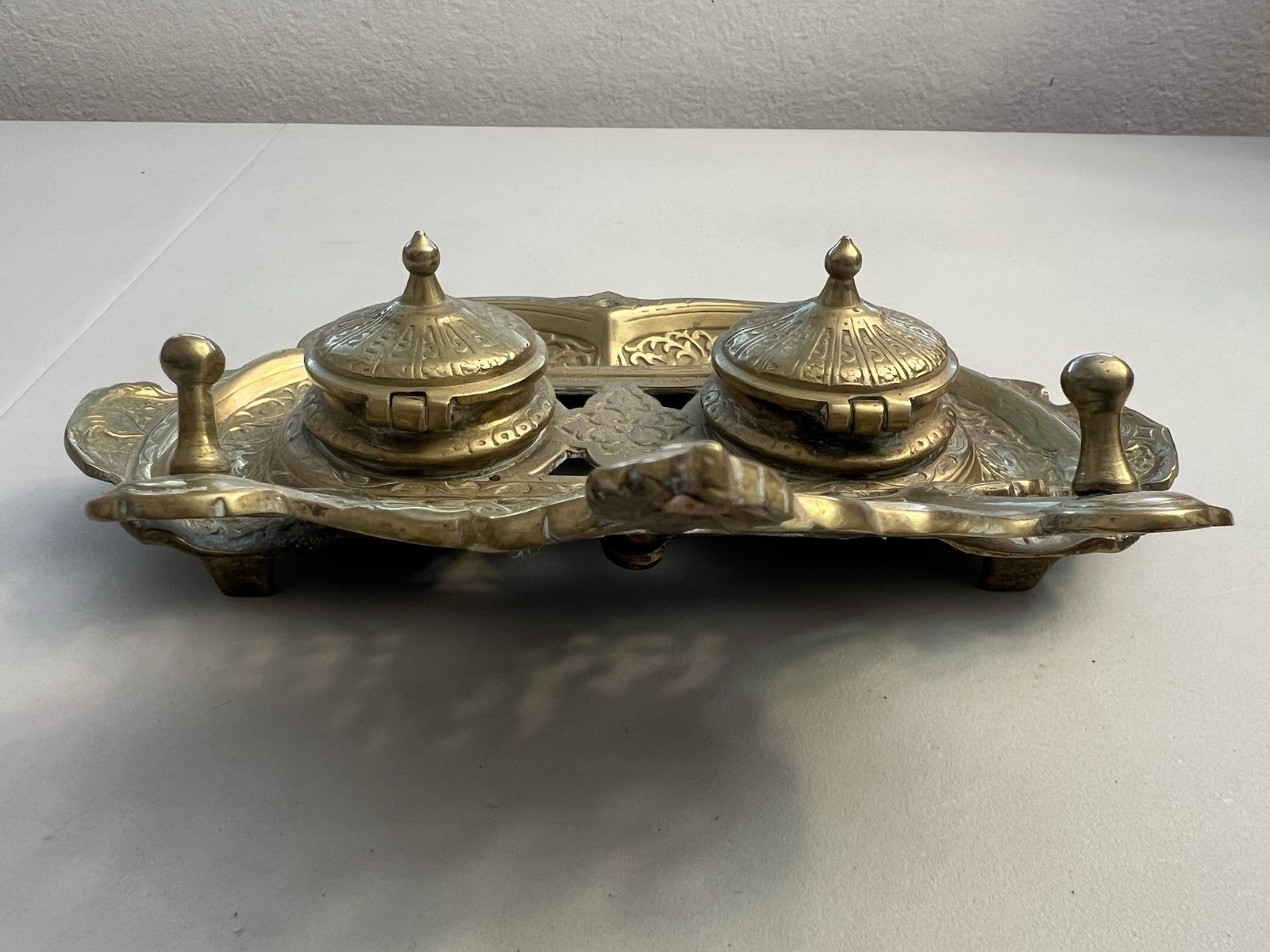 Vintage Gilded Cast Brass Art Nouveau Elephants Ornate Double Inkwell