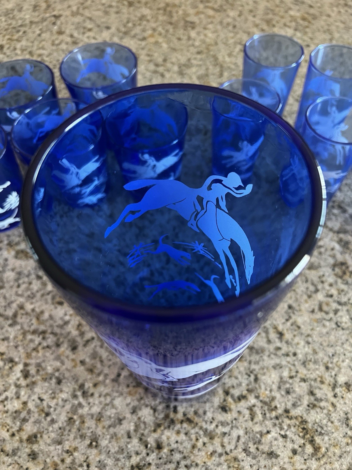 1930’s Cocktail Shaker Set Hazel Atlas Blue/White Fox Hunt Shaker & 12 Glasses